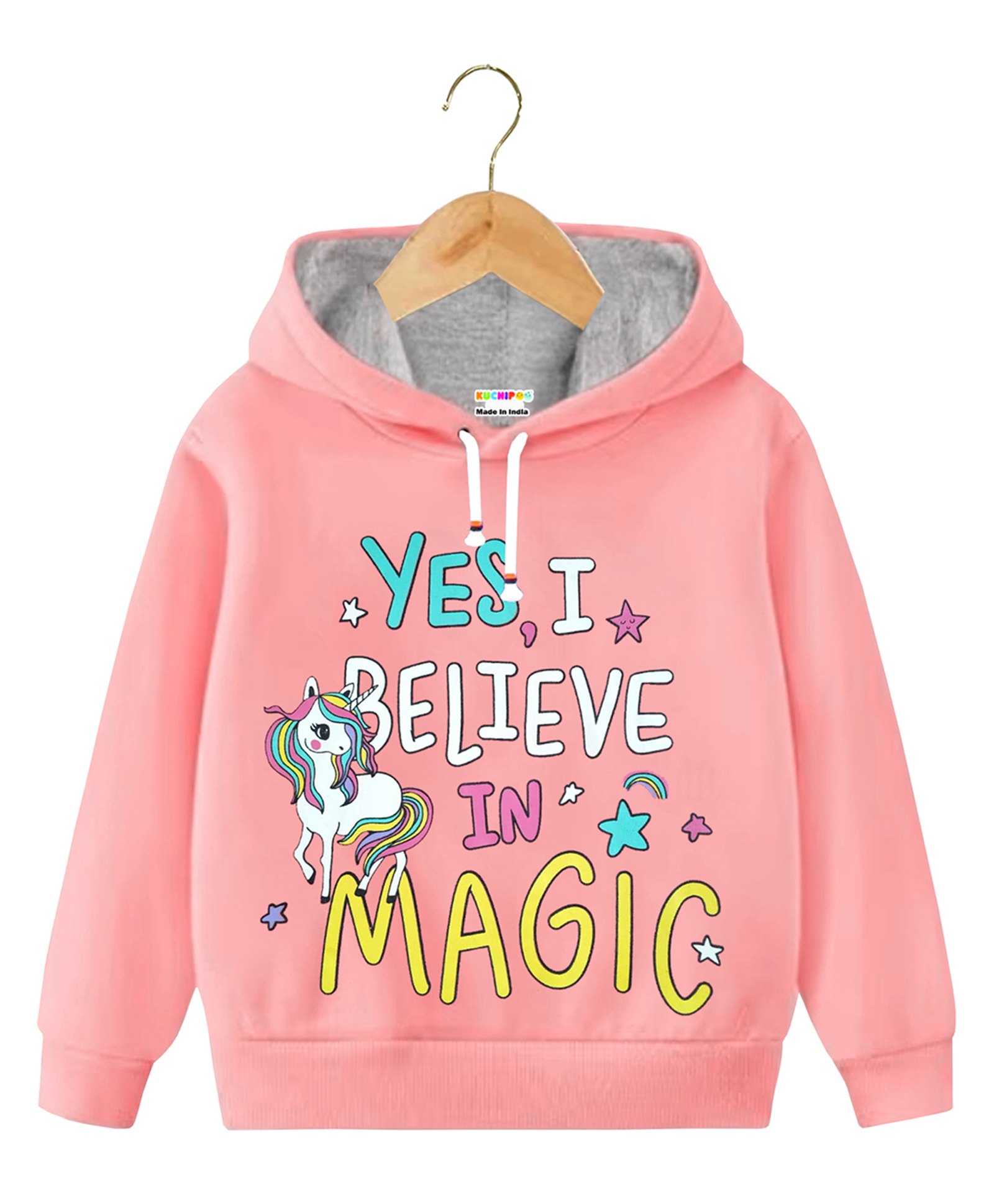KUCHIPOO Fleece Full Sleeves Yes I Believe In Magic Text Printed Hoodie - Pink-picture-24