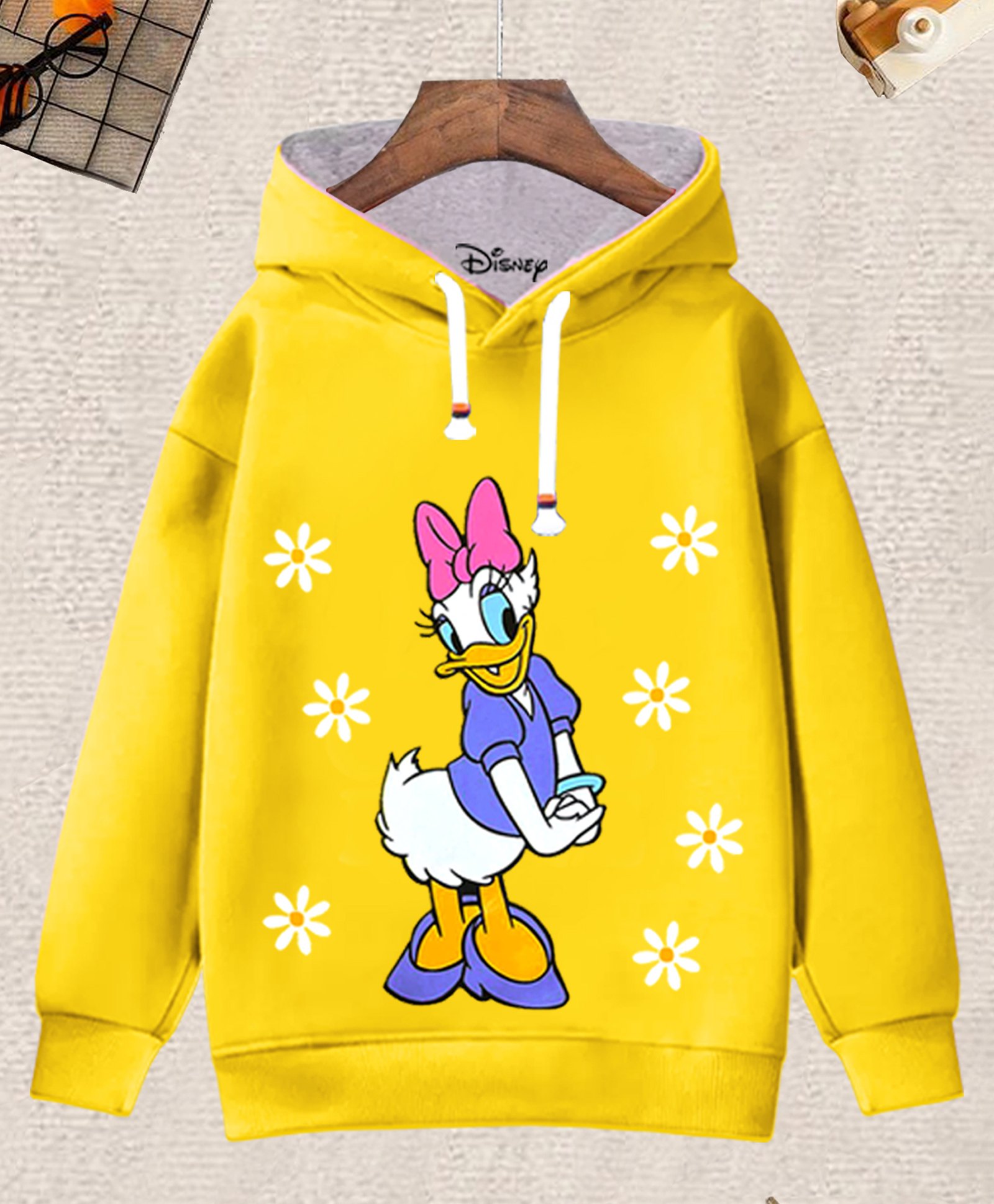 KUCHIPOO Fleece Mickey & Friends Featuring Full Sleeves Daisy Duck Printed Hoodie - Yellow-image-38