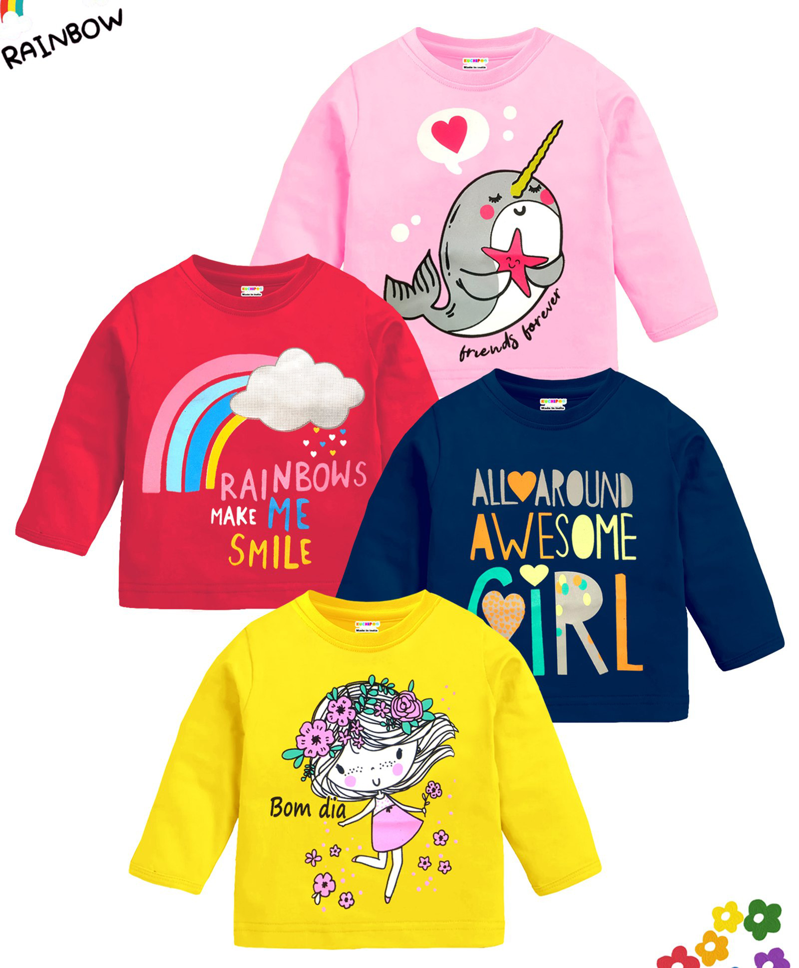 KUCHIPOO Pack Of 4 Full Sleeves Rainbows Make Me Smile Text & Fish Printed Tees - Red Yellow Blue & Pink-image-38
