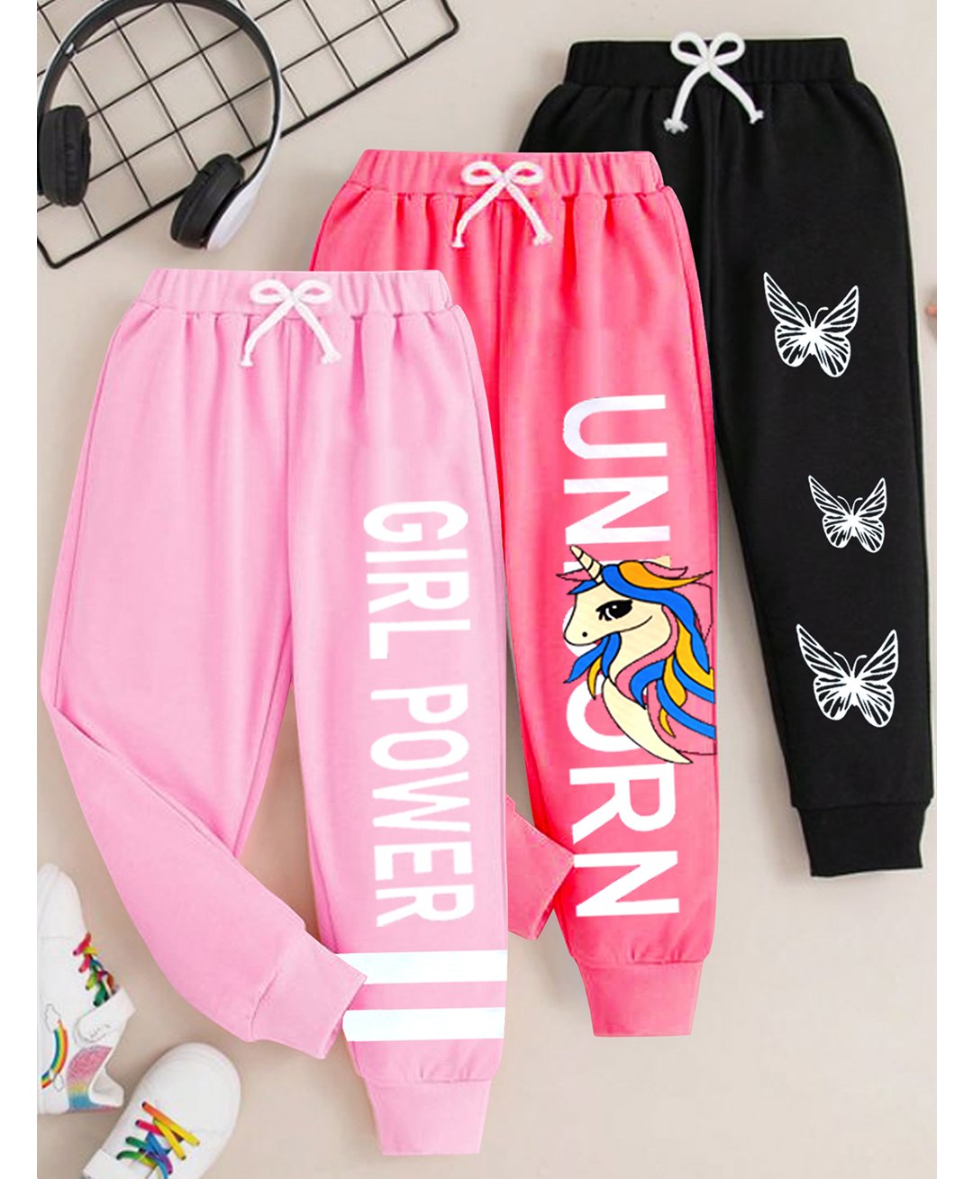 KUCHIPOO Pack Of 3 Text & Butterflies Printed Pajamas - Black & Pink-picture-31