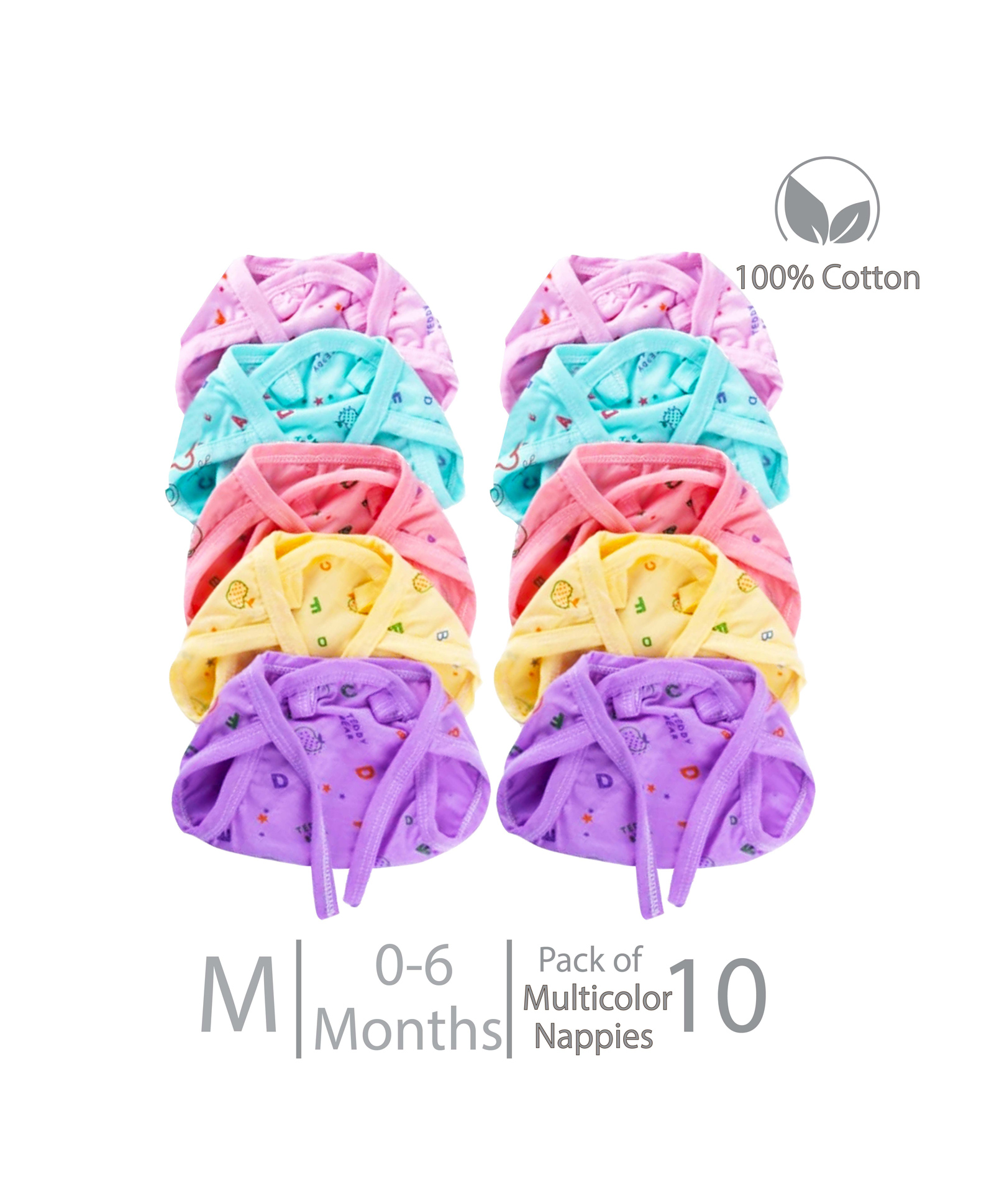 Chirsh Cloth Diapers/Nappies Baby Classic Cloth Nappies With String Pack of 10 (0-6 Months) Medium - Multicolor-image-24