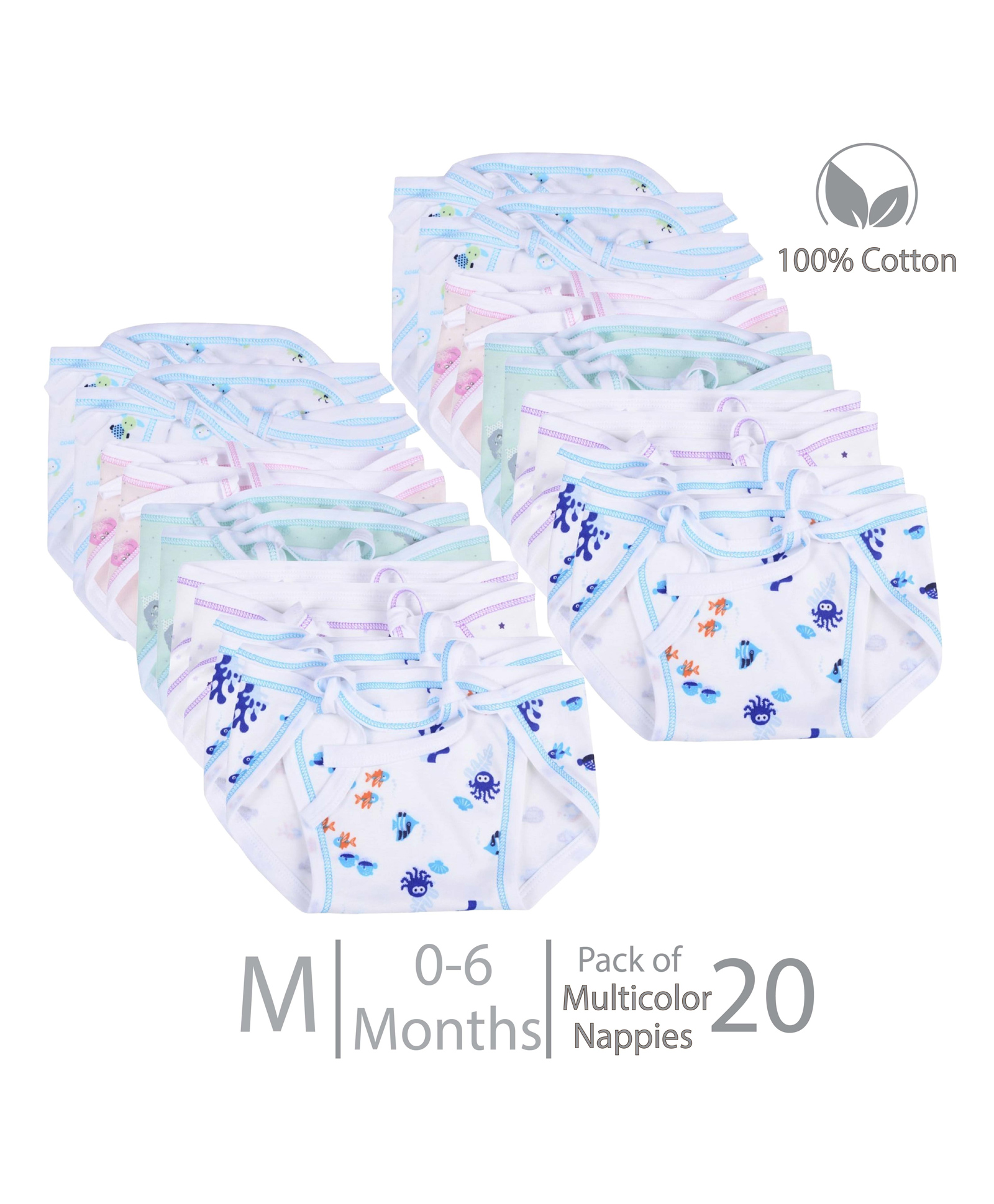 Chirsh Baby Cloth Nappies With String New Born Washable Reusable Cotton Cloth Diapers/ Nappies Pack Of 20 (0-6 Months) Medium - Multicolor-image-25