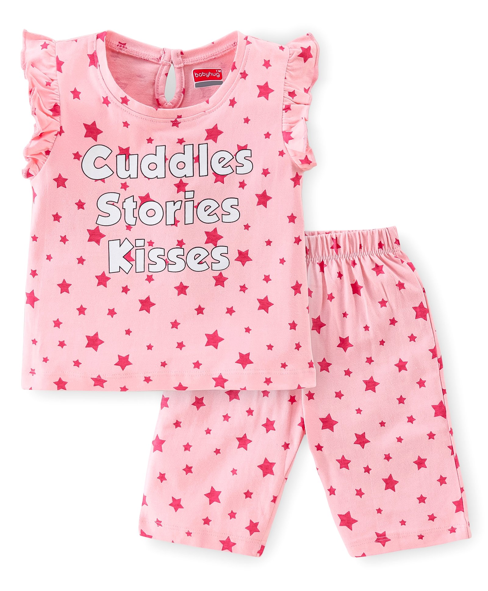 Babyhug Cotton Knit Single Jersey Half Sleeves Capri Night Suit With Star Print - Pink-image-5