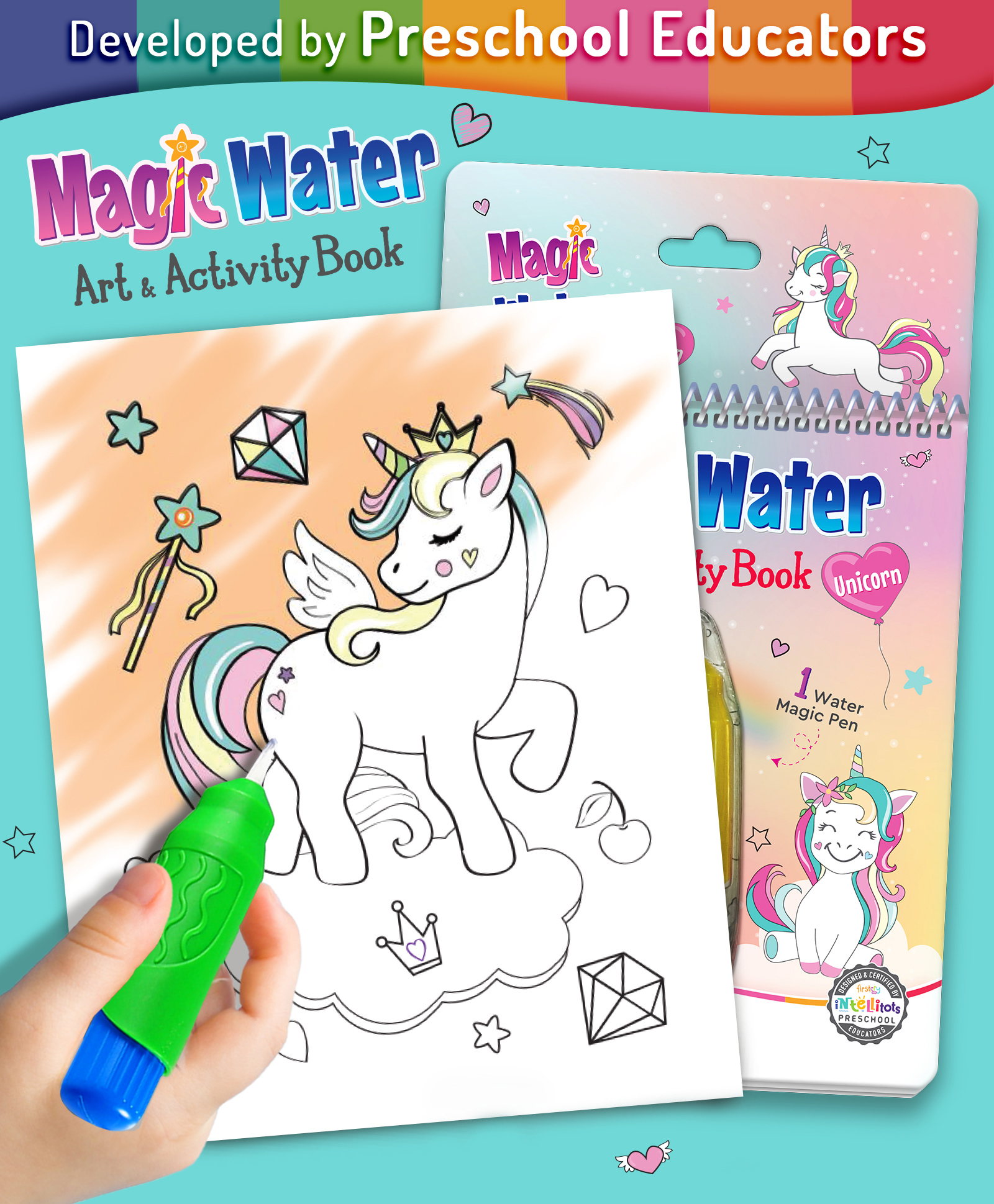 Intelliskills Magic Unicorn Water Colouring Book Reusable | Educationa Mess-Free Art with Quick Dry Technology 1 Refillable Water Pen | BIS Certified-picture-17