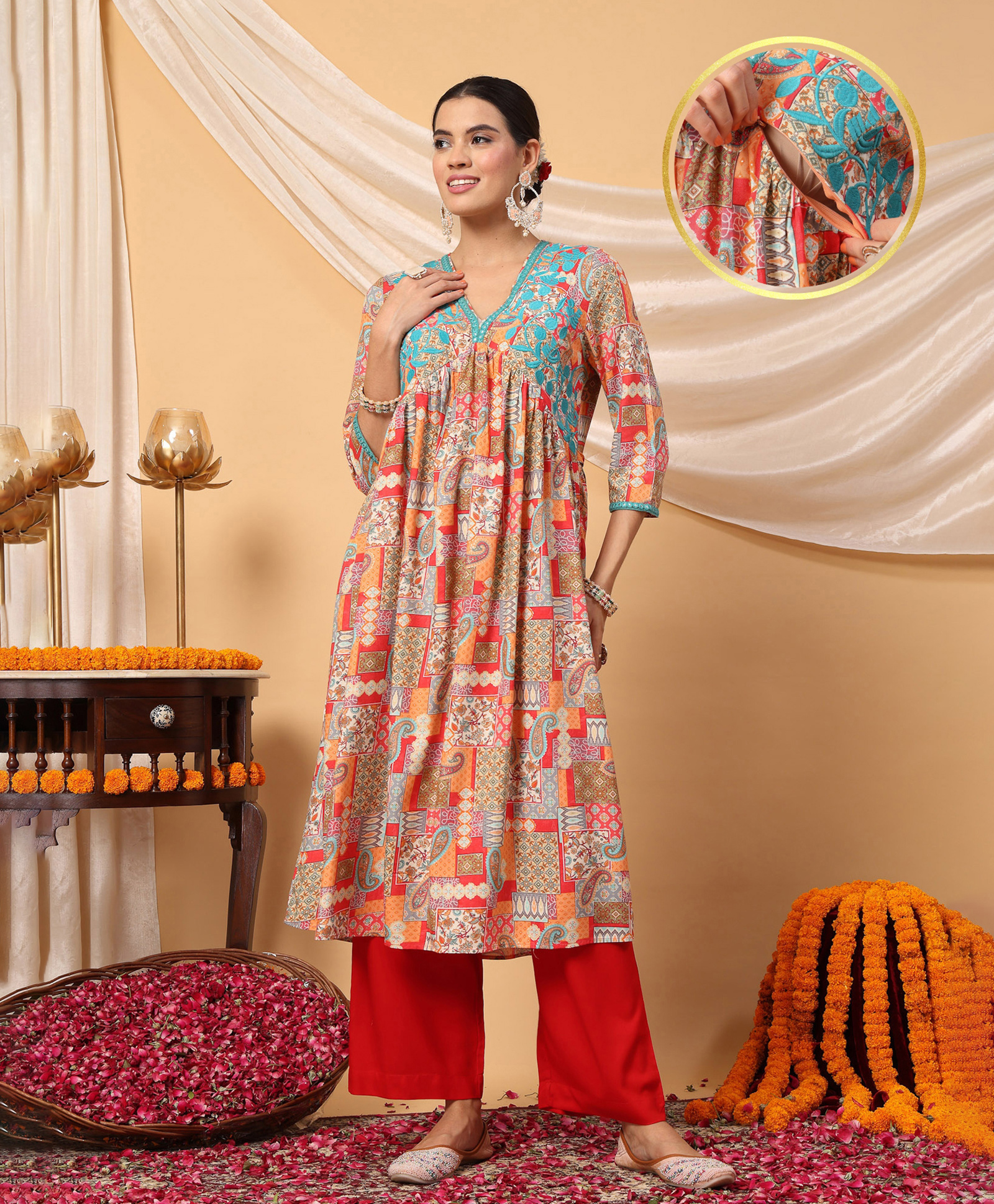 Zelena 100% Rayon Three Fourth Sleeves Paisley Patchwork Printed Maternity Feeding Kurta & Pajama Set with Zip Nursing Access- Multicolor-image-49