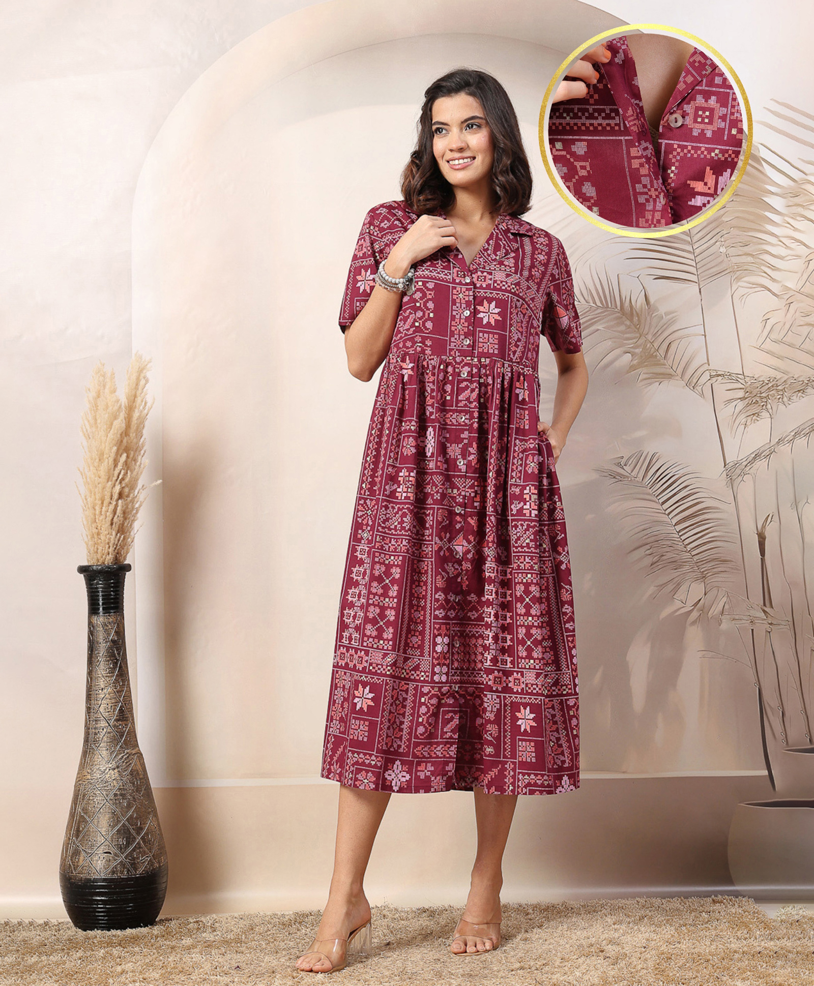 Zelena 100% Viscose Rayon Half Sleeves Geometric Printed Maternity Zipless Feeding Dress With Nursing Access - Wine-picture-15
