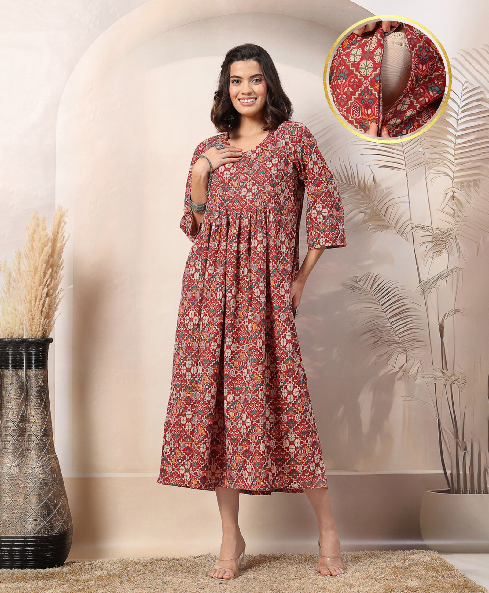 Zelena 100% Rayon Three Fourth Sleeves Floral Printed Maternity Feeding Dress with Zip Nursing Access - Rust-image-21