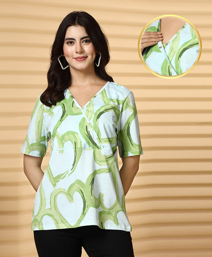 Zelena 100% Cotton Half Sleeves Heart Pattern Printed Maternity Zipless Feeding Top With Nursing Access - Green-picture-28