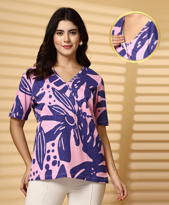 Zelena 100% Cotton Half Sleeves Floral Printed Maternity Zipless Feeding Top With Nursing Access - Purple & Pink-picture-21