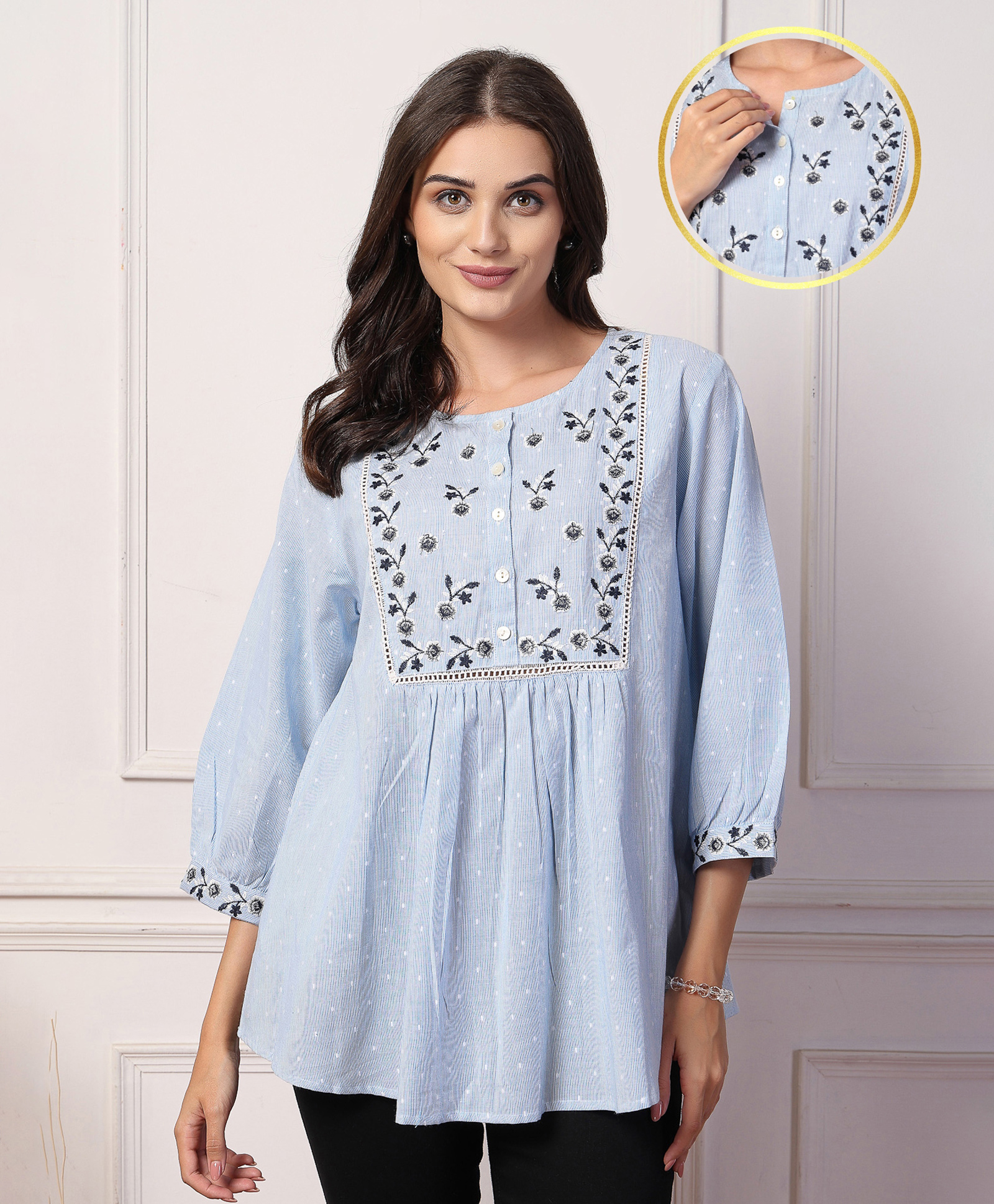 Zelena 100% Cotton Three Fourth Sleeves Floral Embroidery Maternity Zipless Feeding Top With Nursing Access - Baby Blue-picture-25
