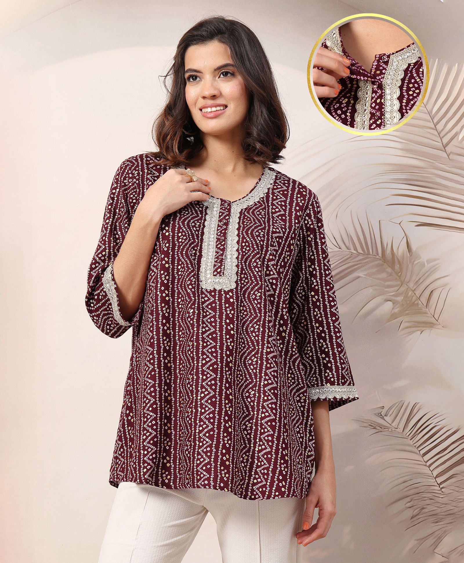 Zelena 100% Rayon Three Fourth Sleeves Bandhani Printed Maternity Zipless Feeding Top With Nursing Access - Maroon-picture-18