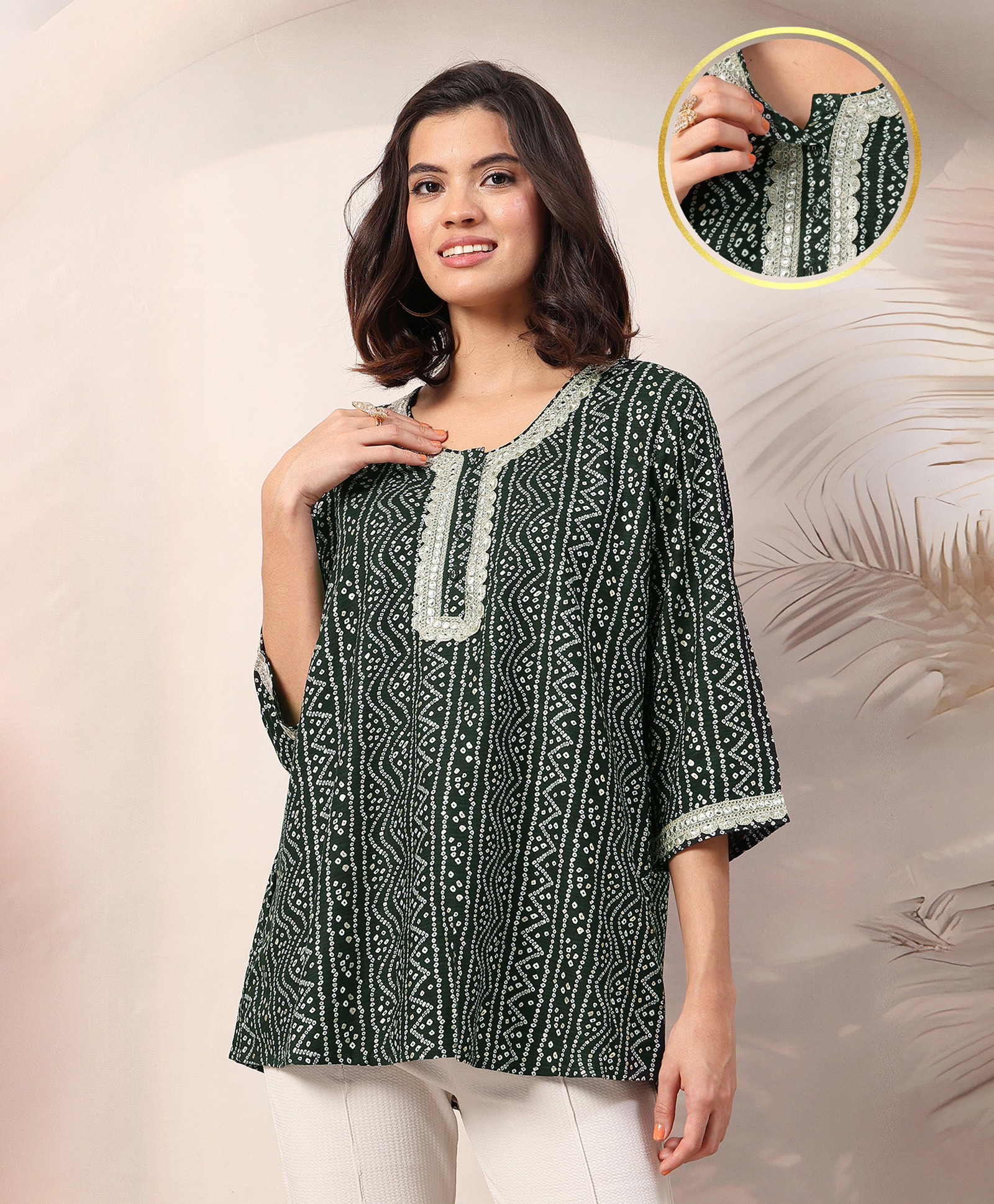 Zelena 100% Rayon Three Fourth Sleeves Bandhani Printed Maternity Zipless Feeding Top With Nursing Access - Green-picture-23