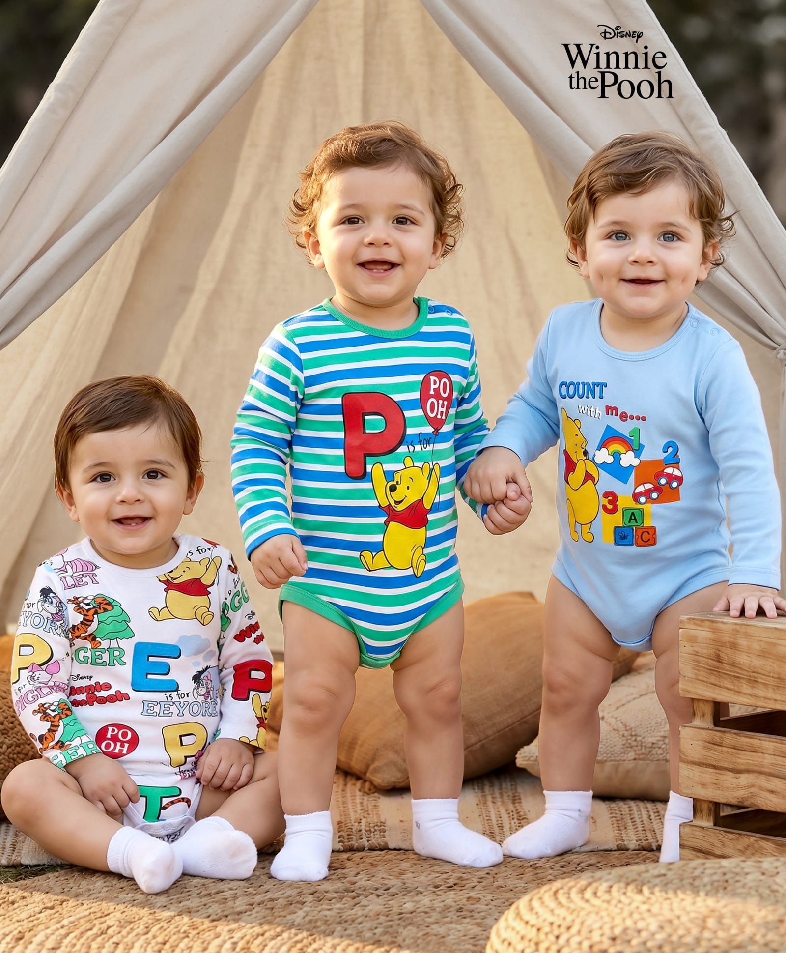 Babyhug Disney Interlock Knit Full Sleeves Onesies with Winnie the Stripes & Pooh Graphics Pack of 3 - White & Blue-image-22