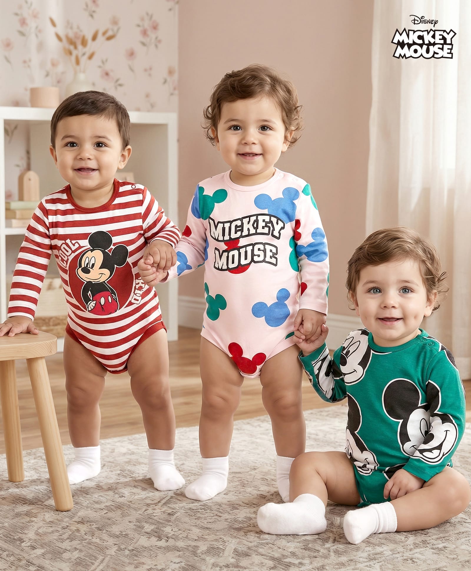 Babyhug Disney Interlock Knit Full Sleeves Onesies with Mickey Mouse Graphics Pack of 3 - White Red & Green-picture-17
