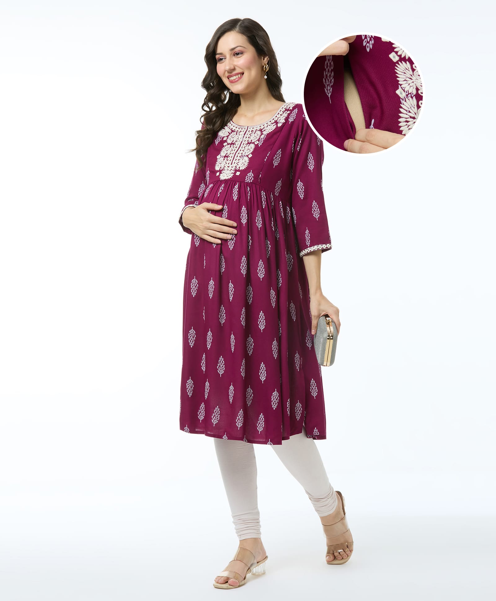 Bella Mama Viscose Woven Three Fourth Sleeves Floral Printed Maternity Kurta With Embroidery & Pocket - Wine-image-10