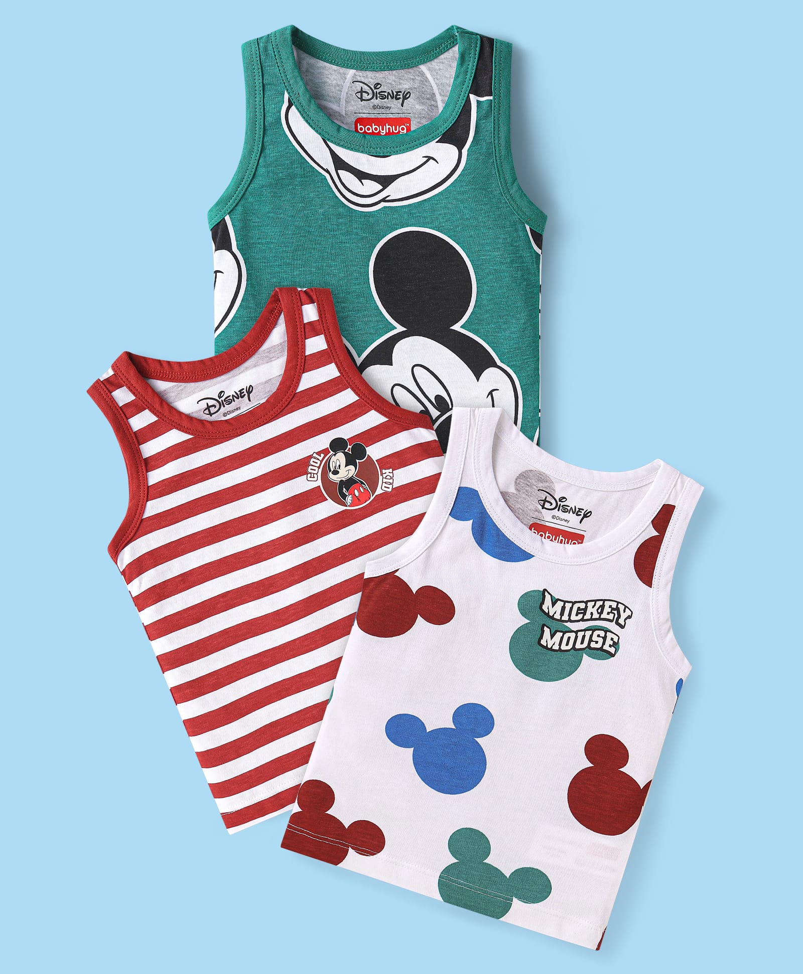 Babyhug Disney Single Jersey KnitSleeveless Vests With Mickey Mouse Grpahics Pack Of 3 - White Dark Green-image-47