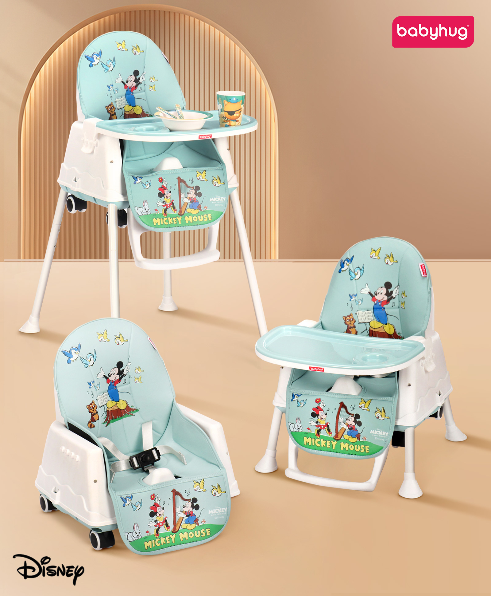 Babyhug Disney 3 in 1 Comfy High Chair With Mickey & Friends Retro Theme Print - Sky Blue