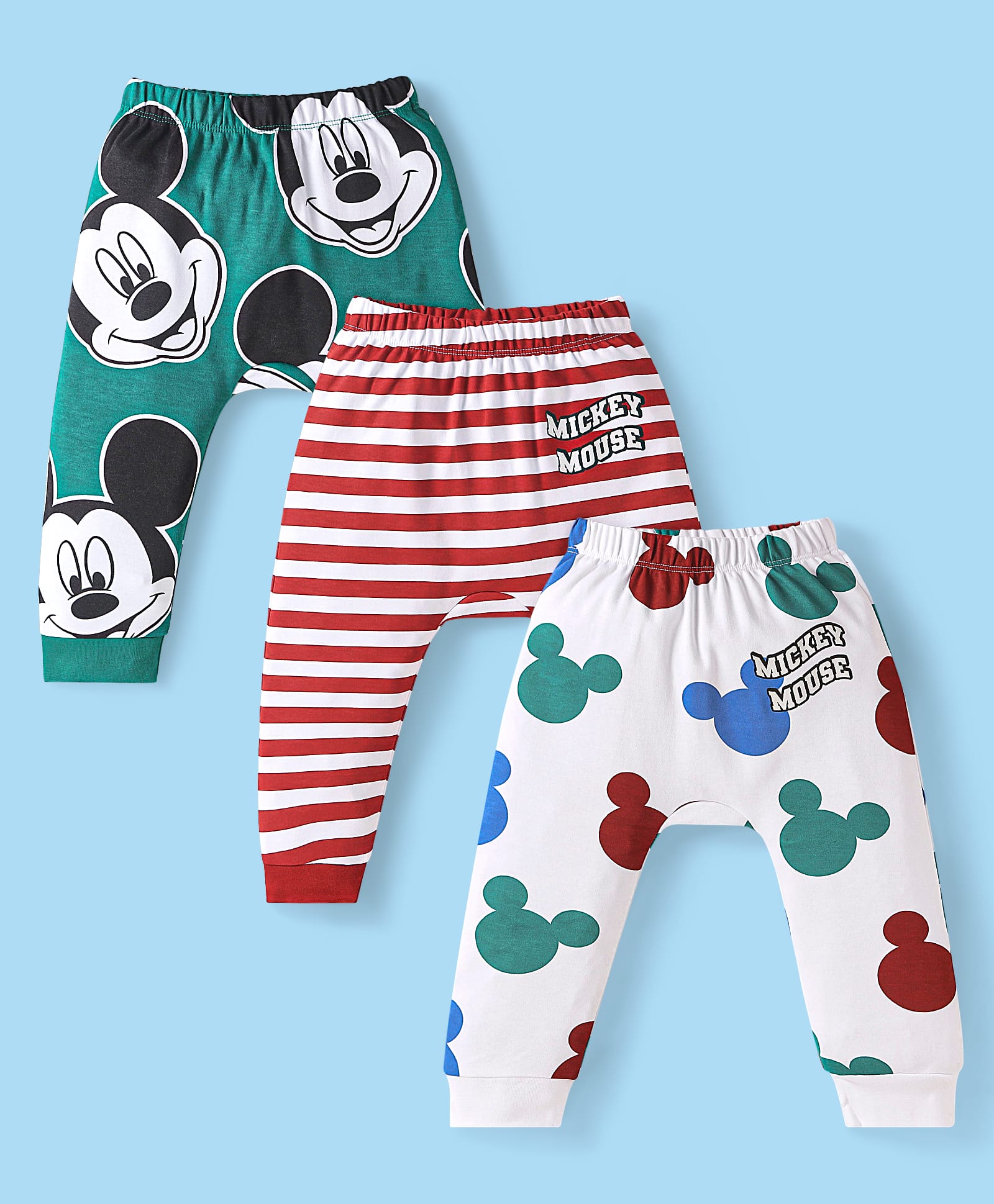 Babyhug DisneyInterlock Knit Full Length Diaper Leggings With Mickey Mouse Graphics Pack of 3 - Green Red & White