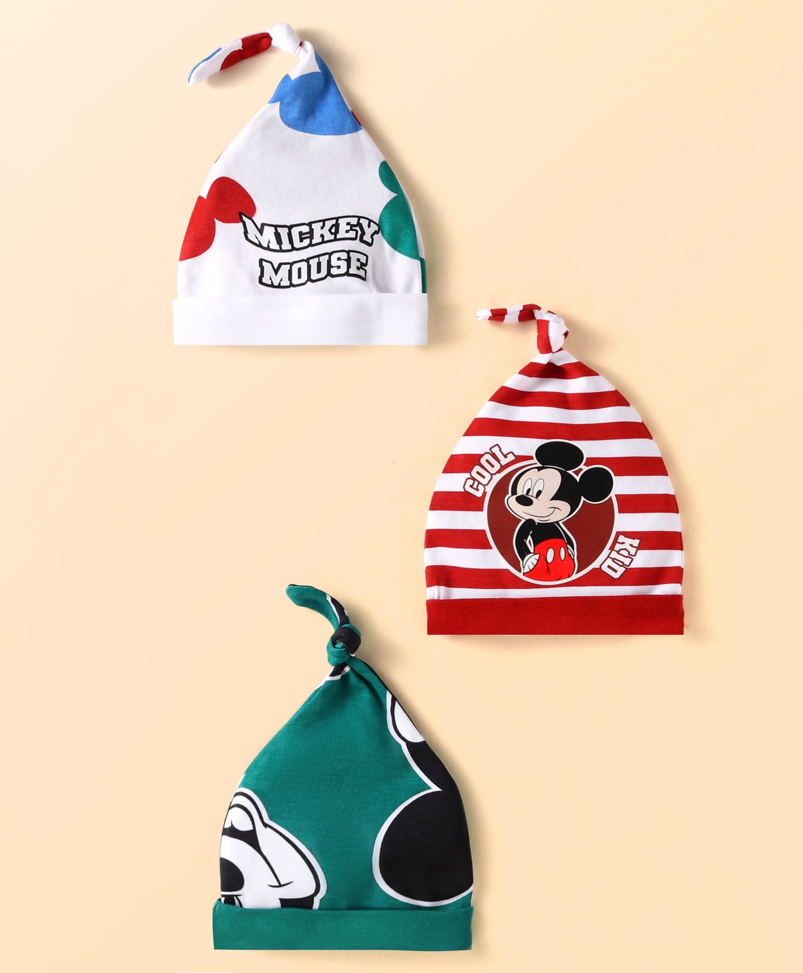 Babyhug Disney Interlock Knit Knot Caps With Mickey Mouse Graphics Pack of 3 - Red White & Green-picture-19