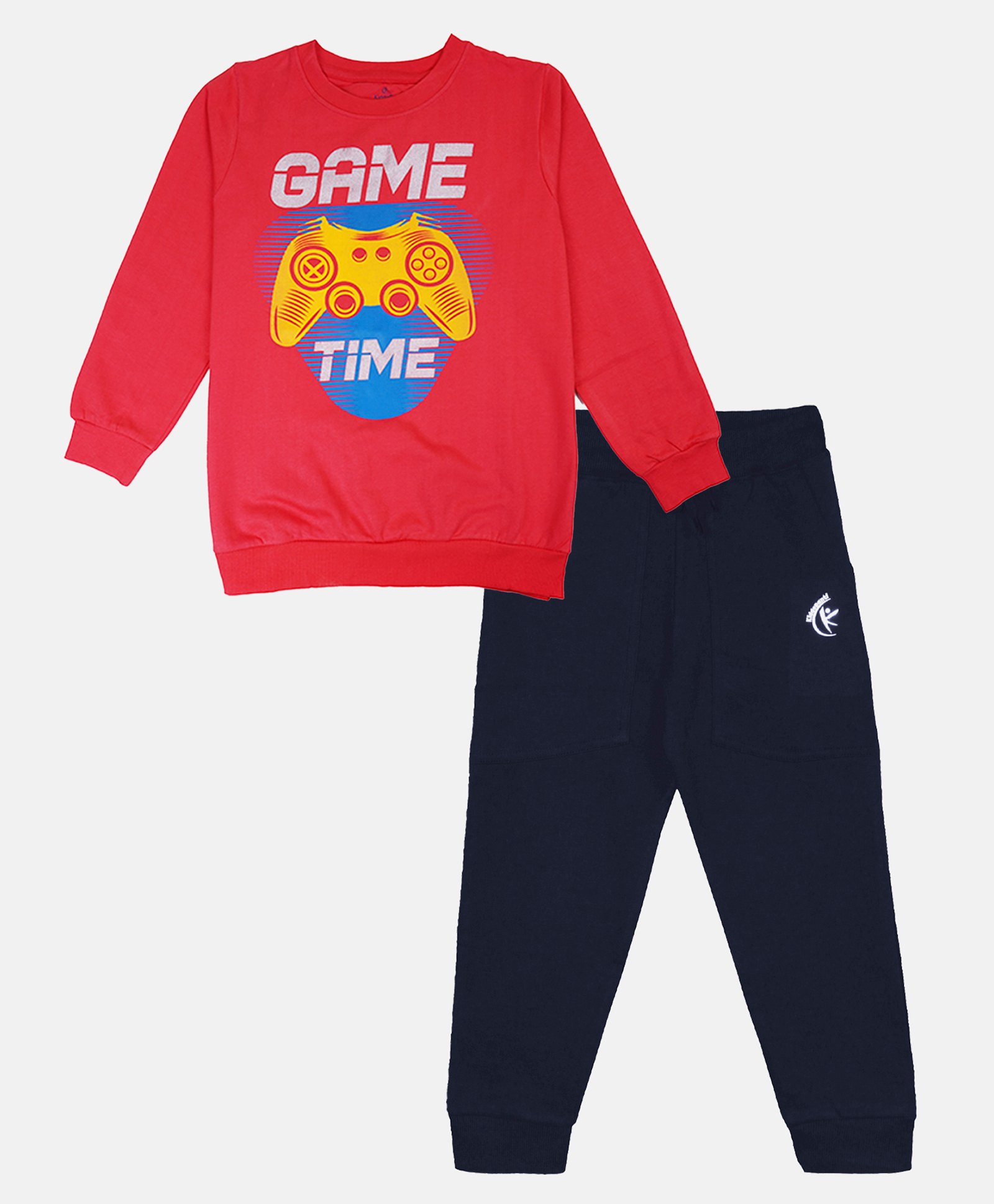 Kiddopanti Fleece Full Sleeves Game Time Text Printed Sweatshirt With Joggers Set - Red & Navy Blue-picture-35