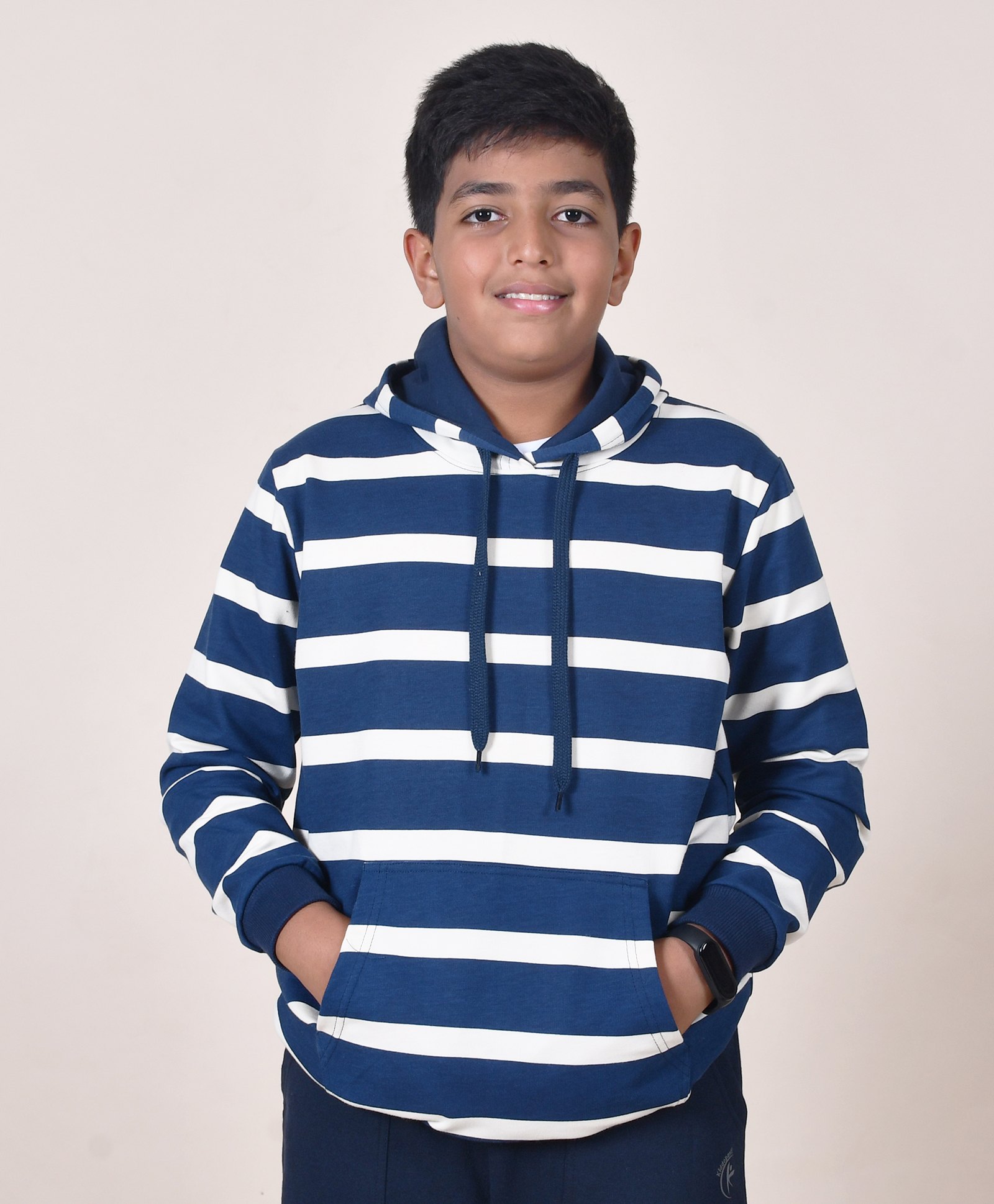 Kiddopanti Fleece Full Sleeves Striped Hooded Sweatshirt - Navy Blue-picture-21