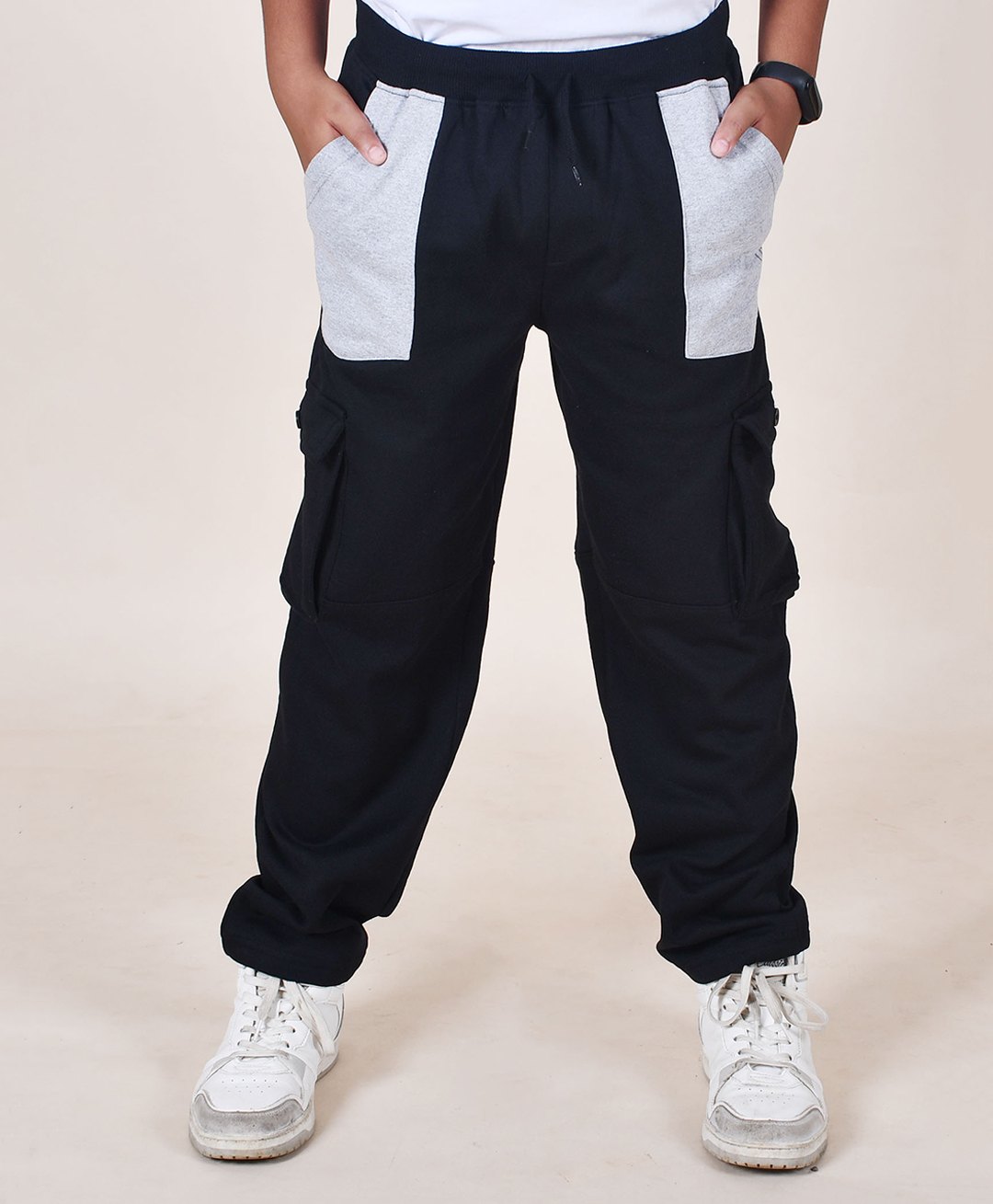 Kiddopanti Fleece Pockets Detailed Cargo Track Pants - Black & Grey Melange-image-2