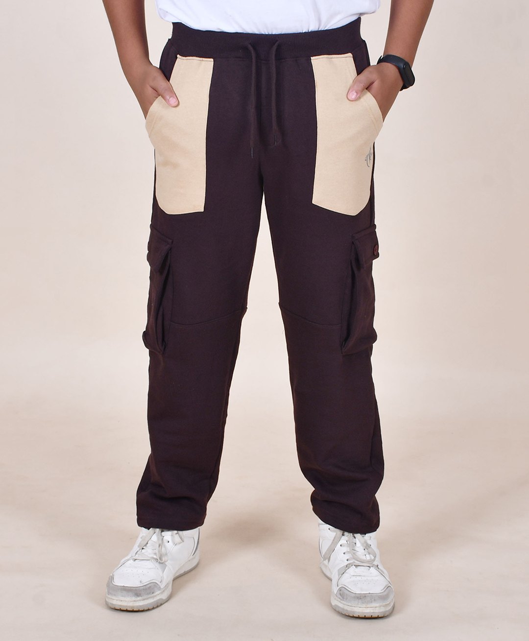 Kiddopanti Fleece Pockets Detailed Cargo Track Pants - Brown & Beige-image-31