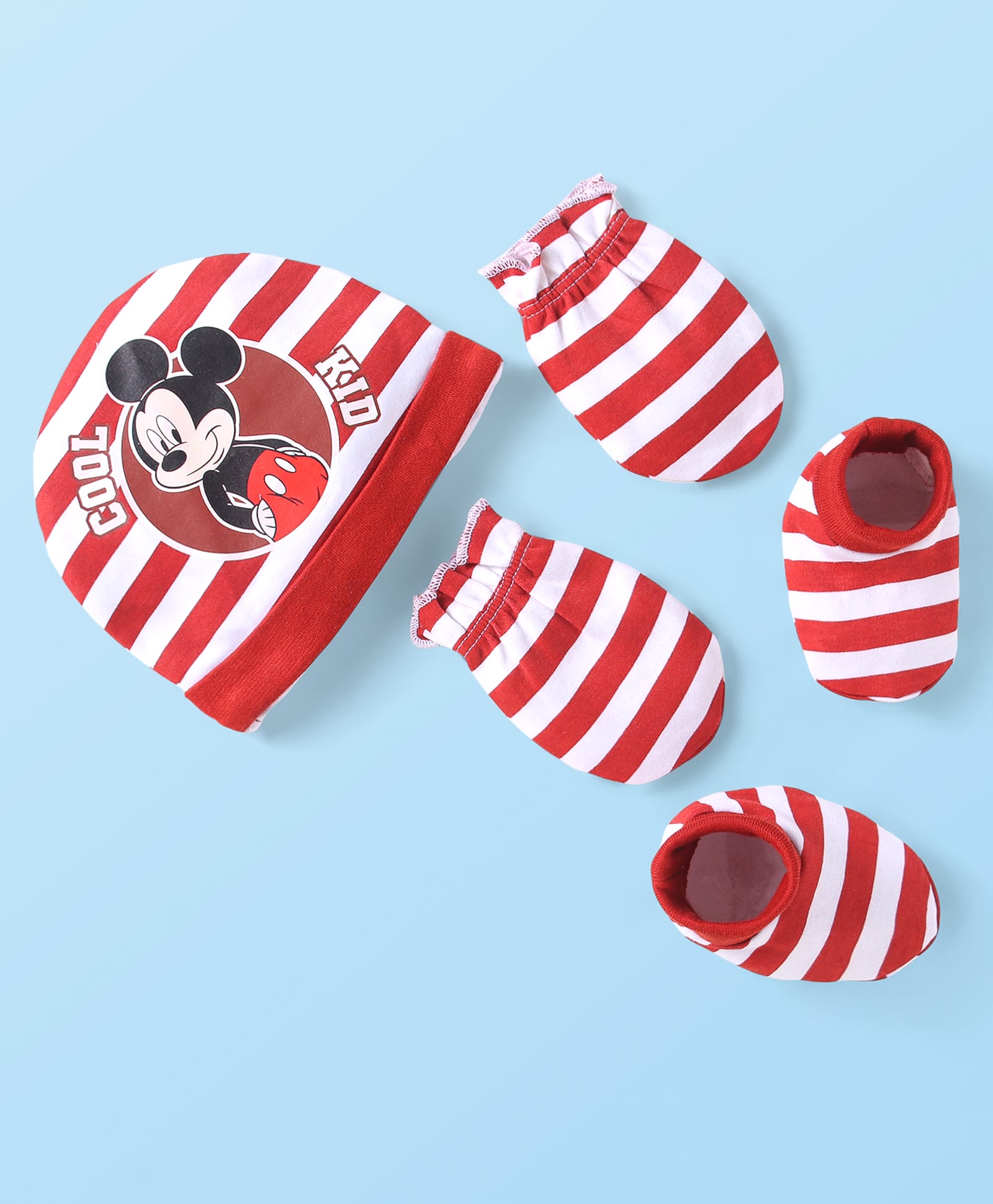 Babyhug Disney Interlock Knit Cap Mittens & Booties Set with Mickey Mouse Graphics & Stripes Red - Diameter 12 cm-picture-25