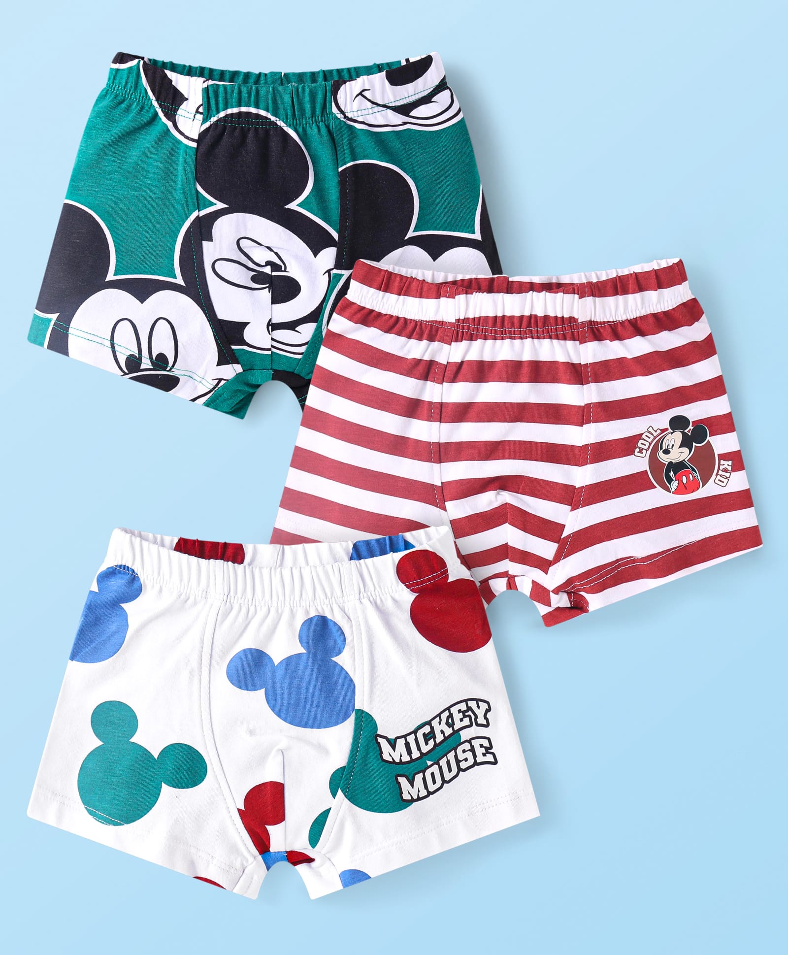 Babyhug Disney Single Jersey Knit Trunks with Stripes & Mickey Mouse Graphics Pack of 3 - White Green & Wine-image-19