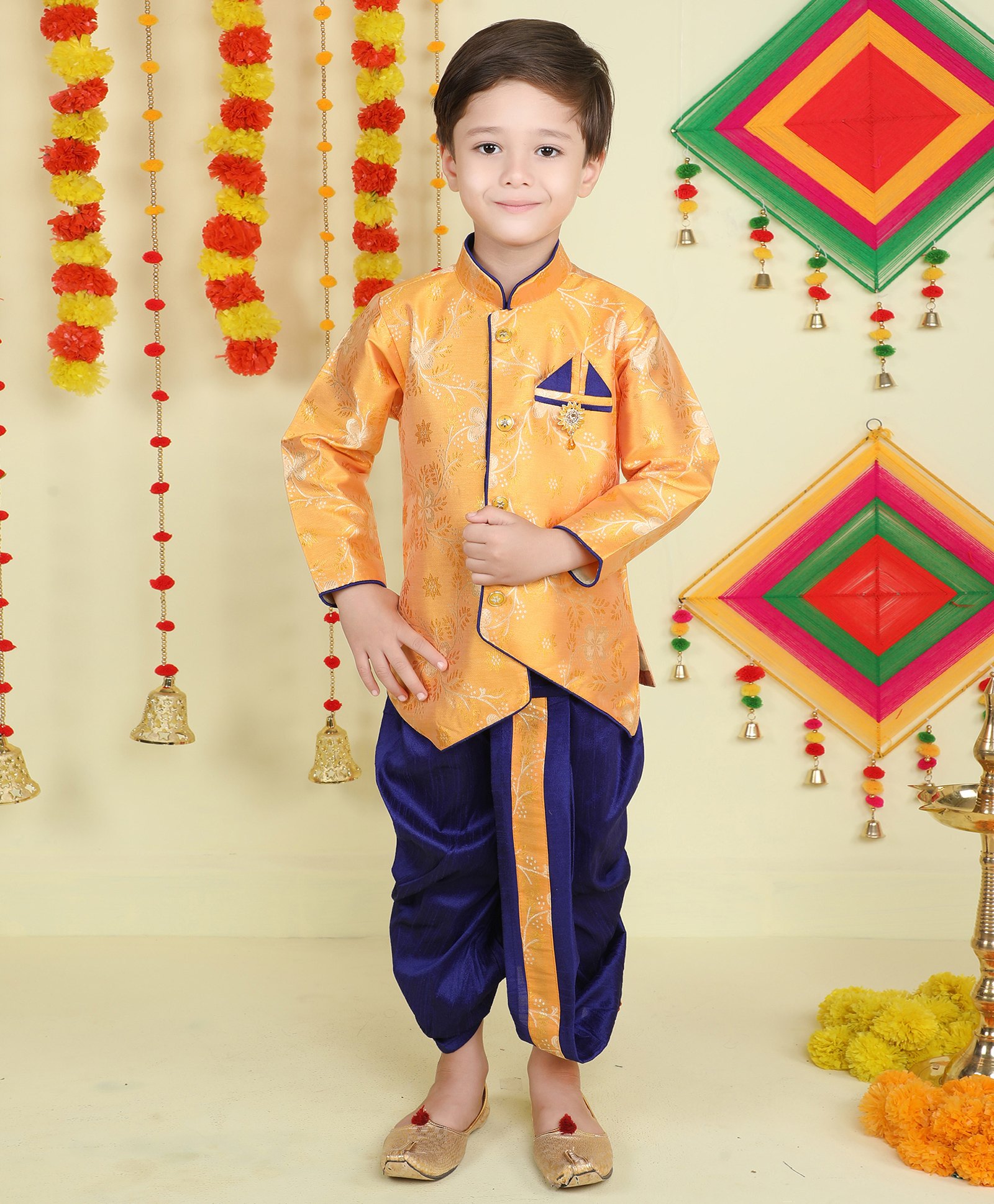 Jeet Ethnics Full Sleeves Floral Foil Printed Kurta With Dhoti Set - Yellow-picture-34