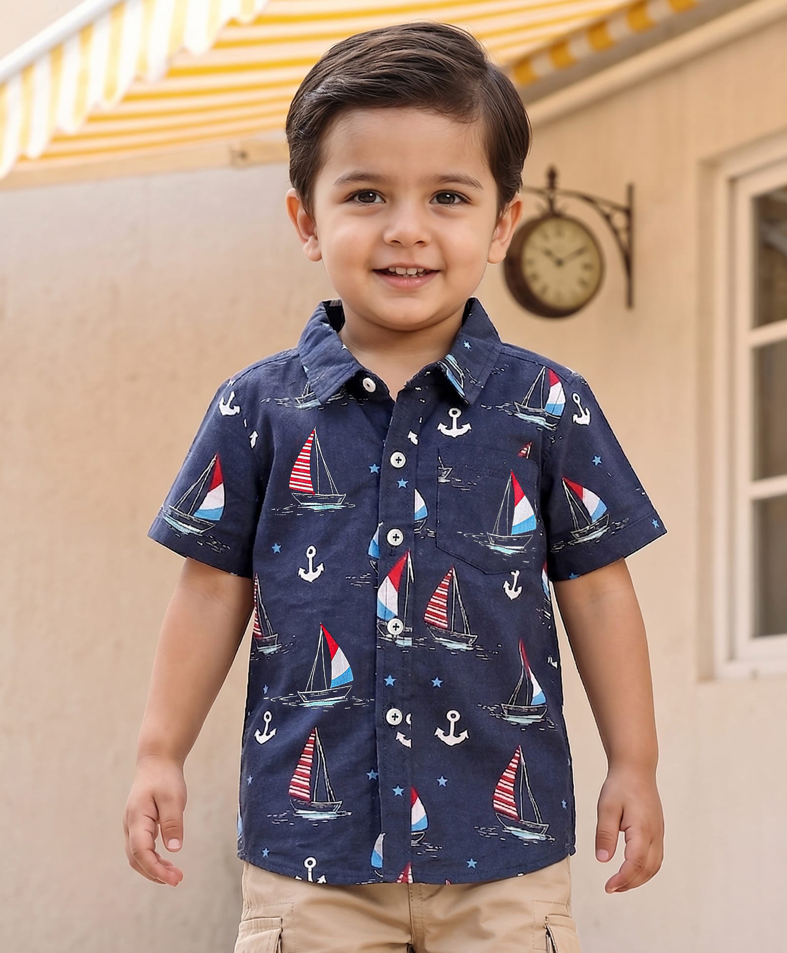 Babyhug Cotton Woven Half Sleeves Shirt With Boat & Anchor Print - Navy Blue-picture-23