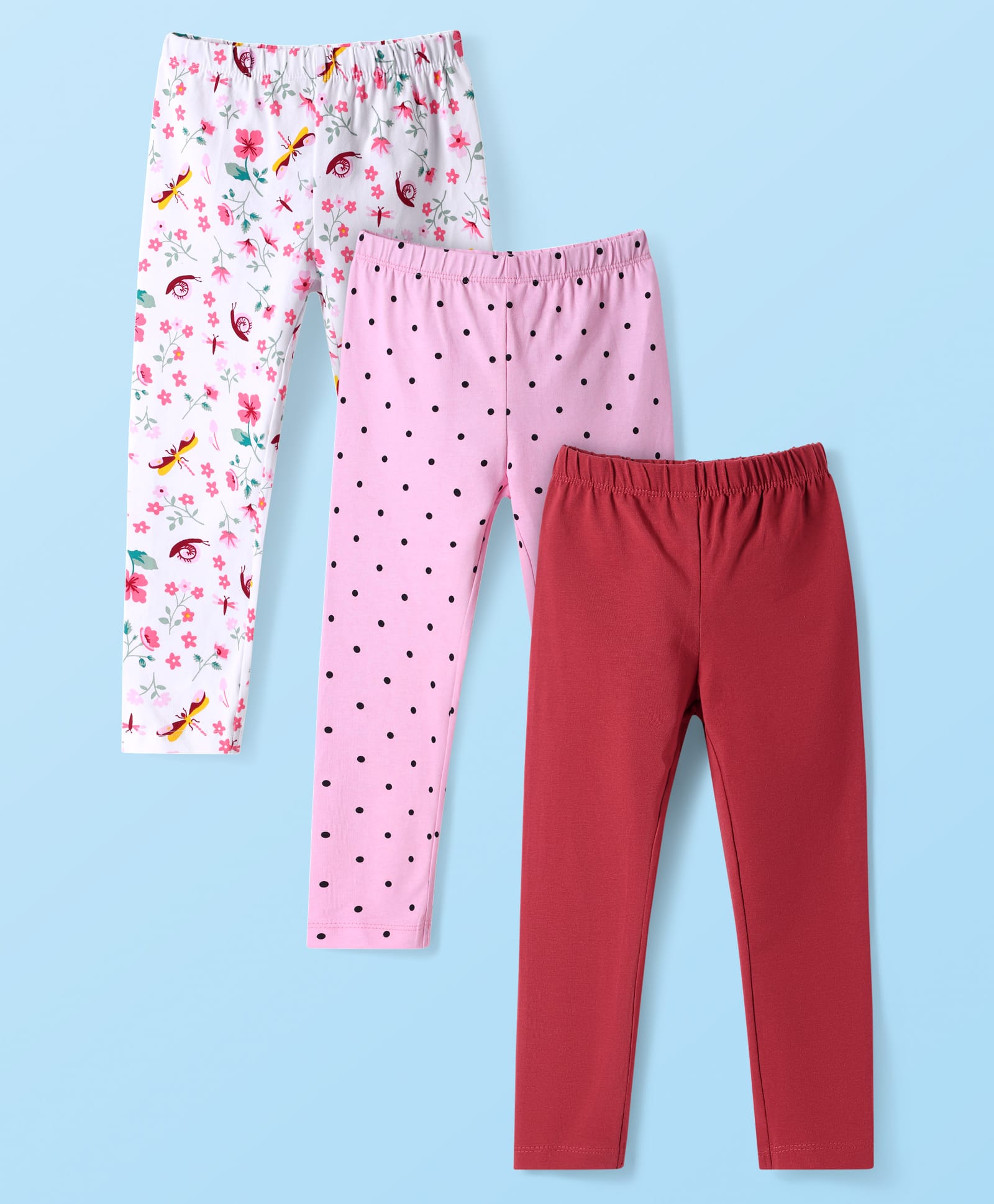 Babyhug Cotton Lycra Knit Full Length Leggings With Floral & Polka Dot Print Pack of 3 - White Pink & Red-image-37