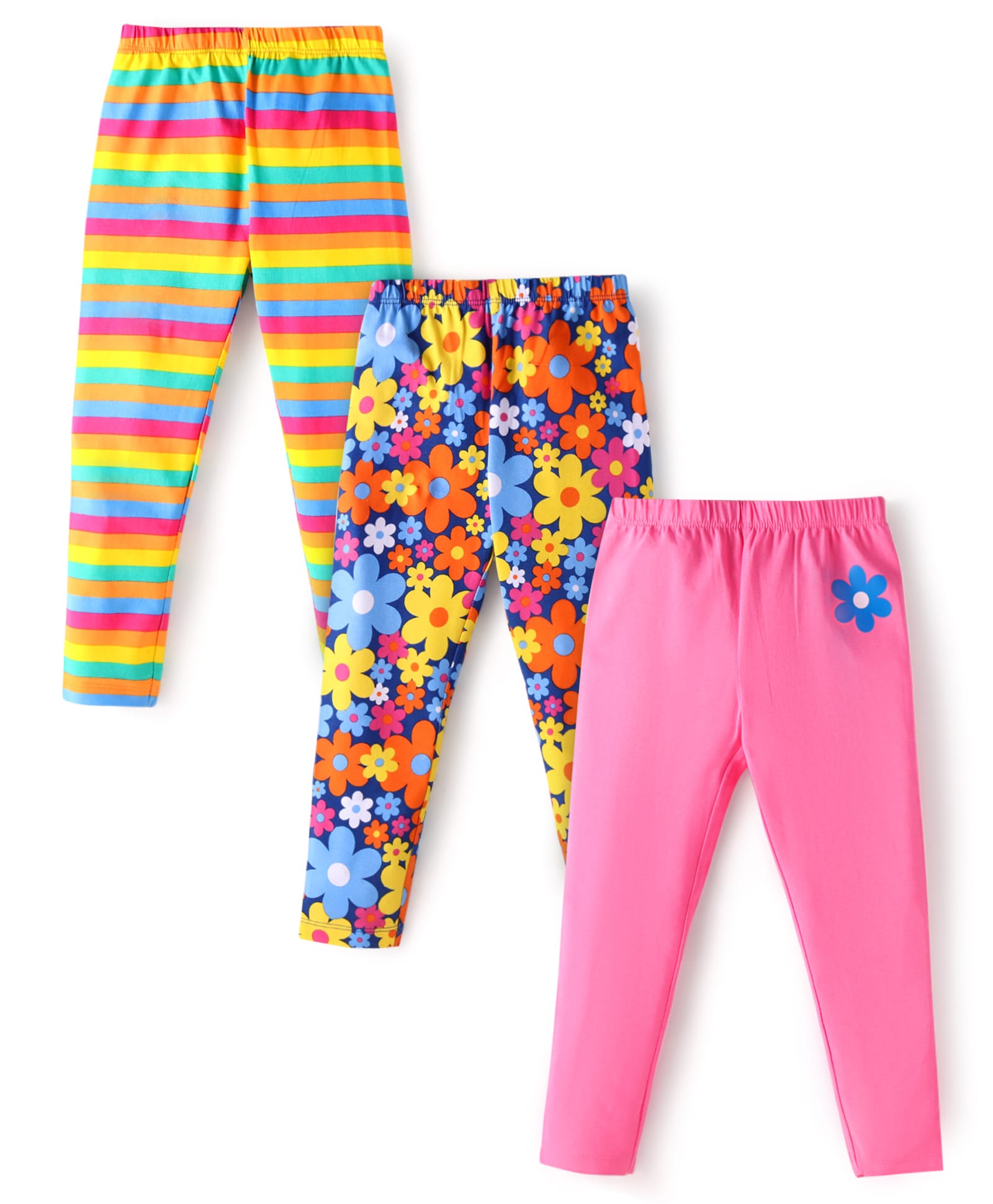 Babyhug Interlock Knit Full LengthStriped & FloralPrinted Diaper Leggings Pack of 3 - Pink Navy & Yellow-picture-27