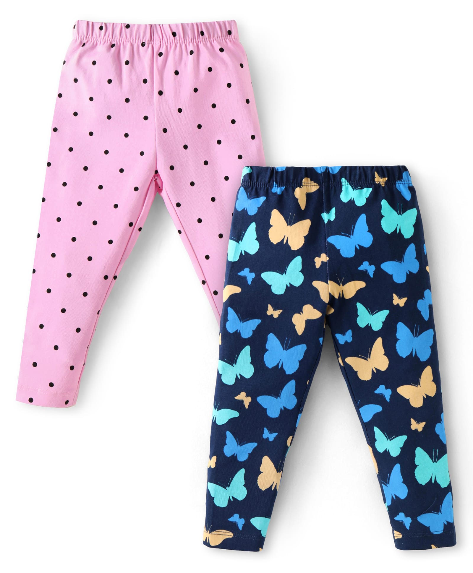 Babyhug Cotton Lycra Knit Full Length Leggings with Polka Dots & Butterfly Print Pack of 2 - Pink & Navy Blue-picture-12
