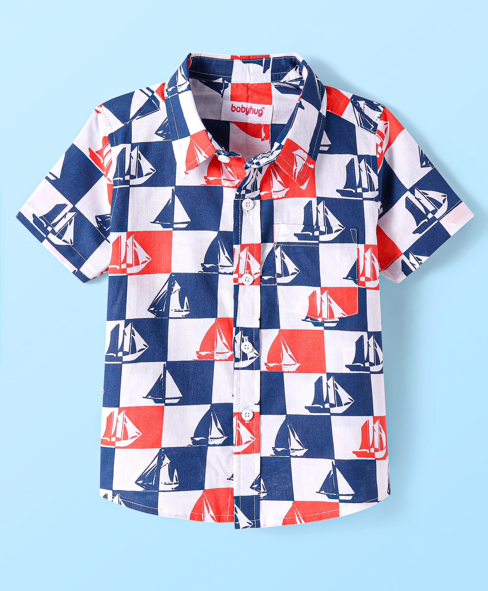 Babyhug Cotton Woven Half Sleeves Check Shirt with Boat Print - Blue & White-image-46