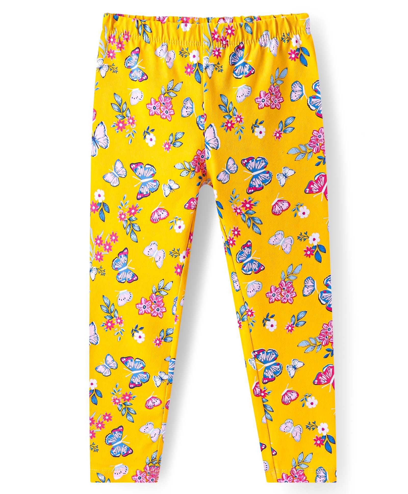 Babyhug Cotton Lycra Knit Full Length Leggings with Butterfly Print - Yellow-picture-15