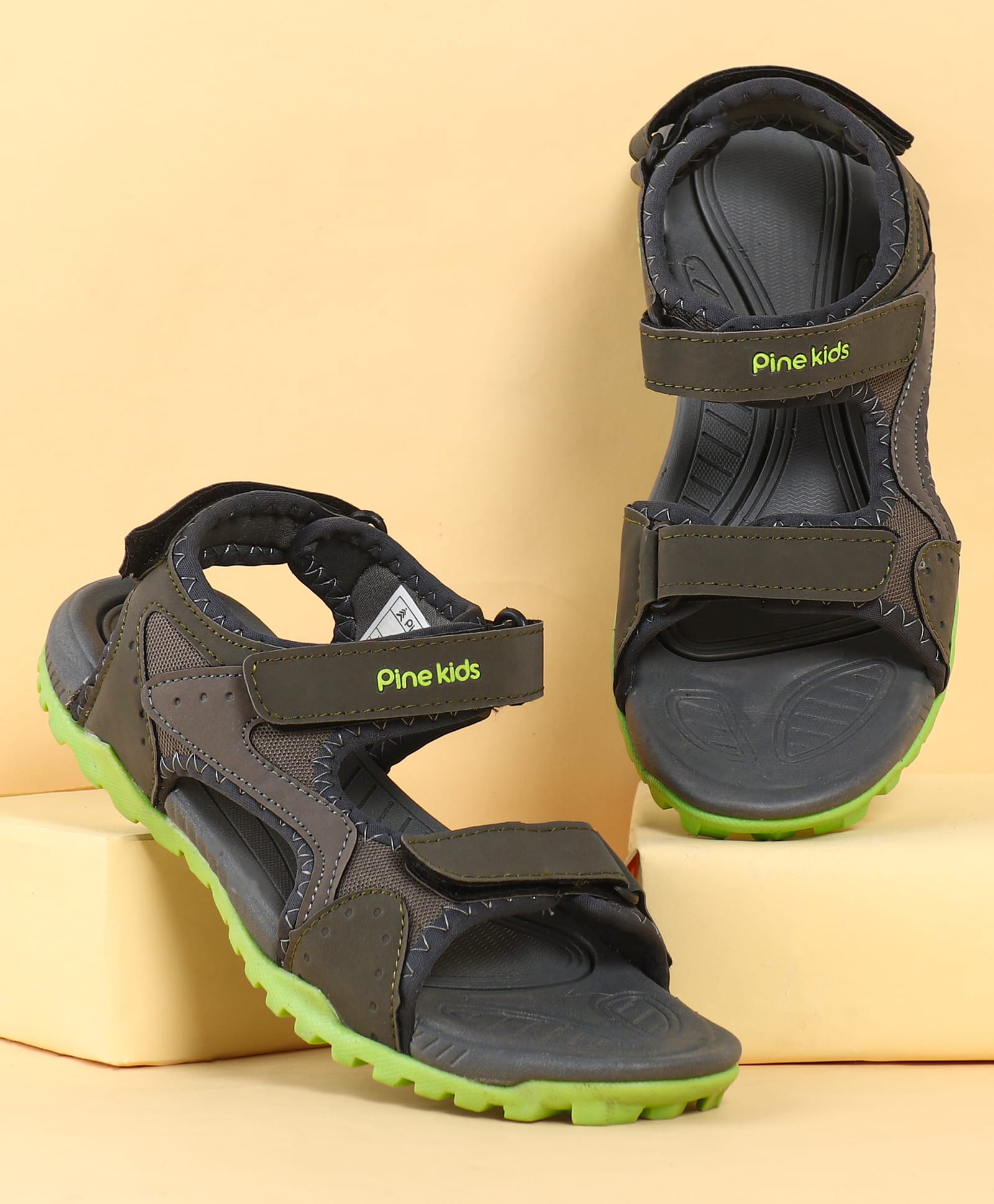 Pine Kids Sandals With Velcro Closure - Grey & Green-image-39