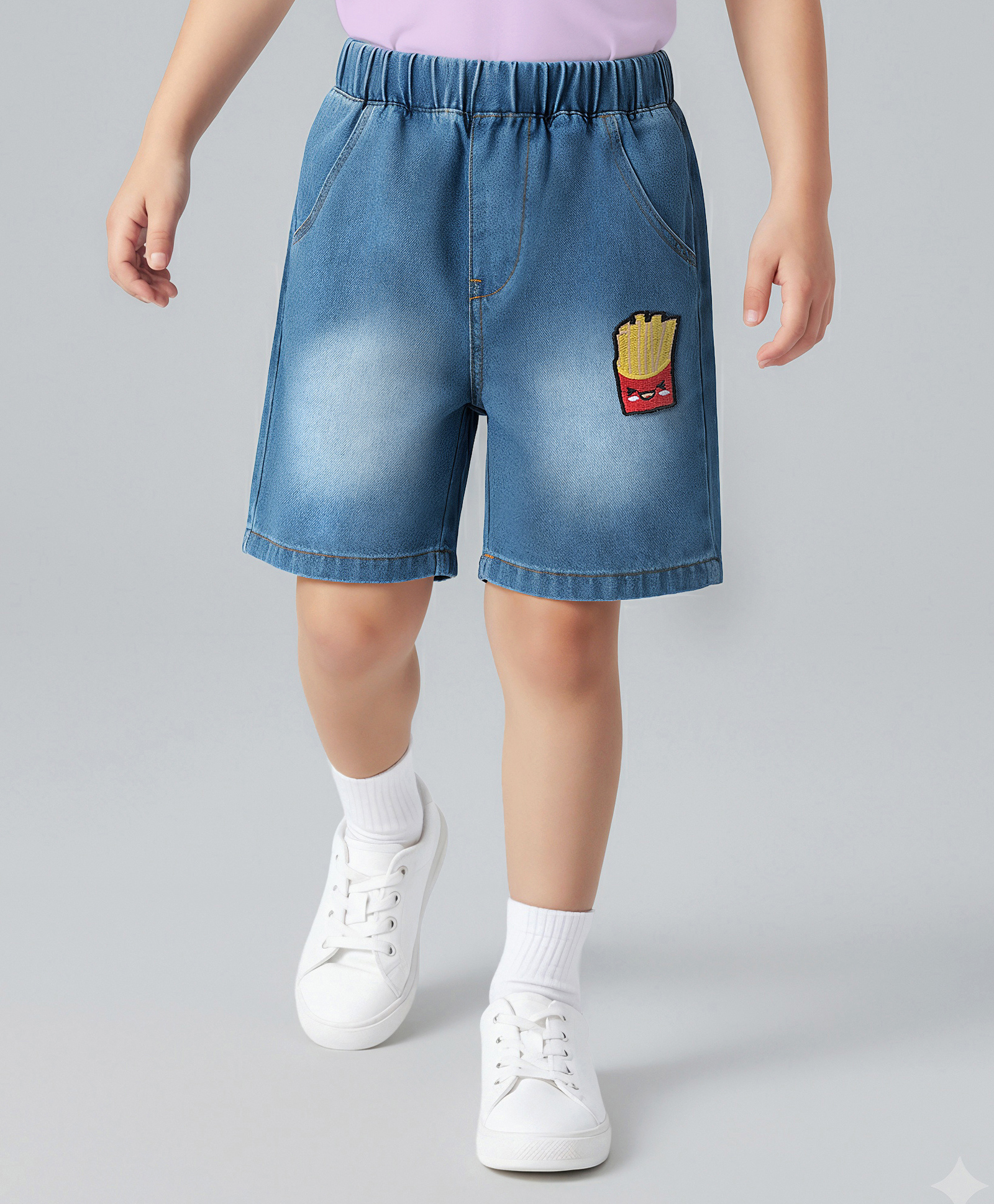 Mark & Mia Washed Cotton Shorts With French Fries Embroidery - Blue-picture-35