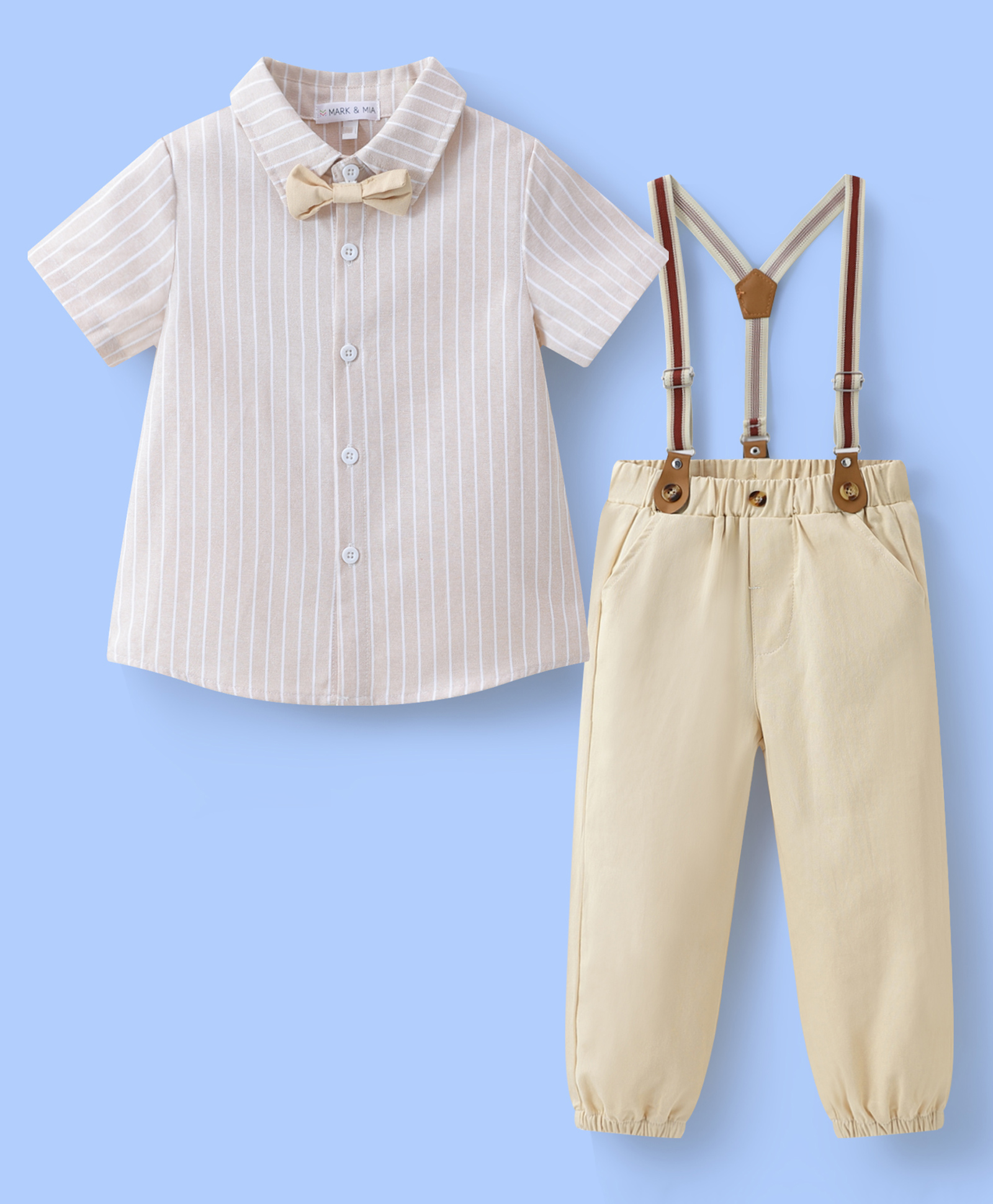Mark & Mia Half Sleeves Cotton Striped Shirt & Trouser With Bow & Suspender - Khaki-picture-20
