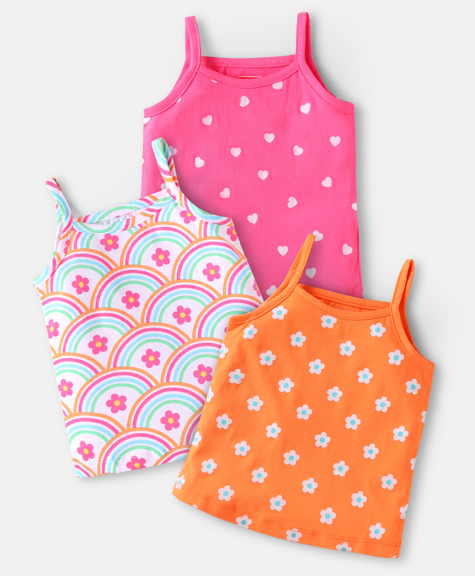 Babyhug 100% Cotton Antibacterial Singlet Sleeves Slips with Floral & Heart Print Pack of 3 - Pink Orange & Light Blue-image-30
