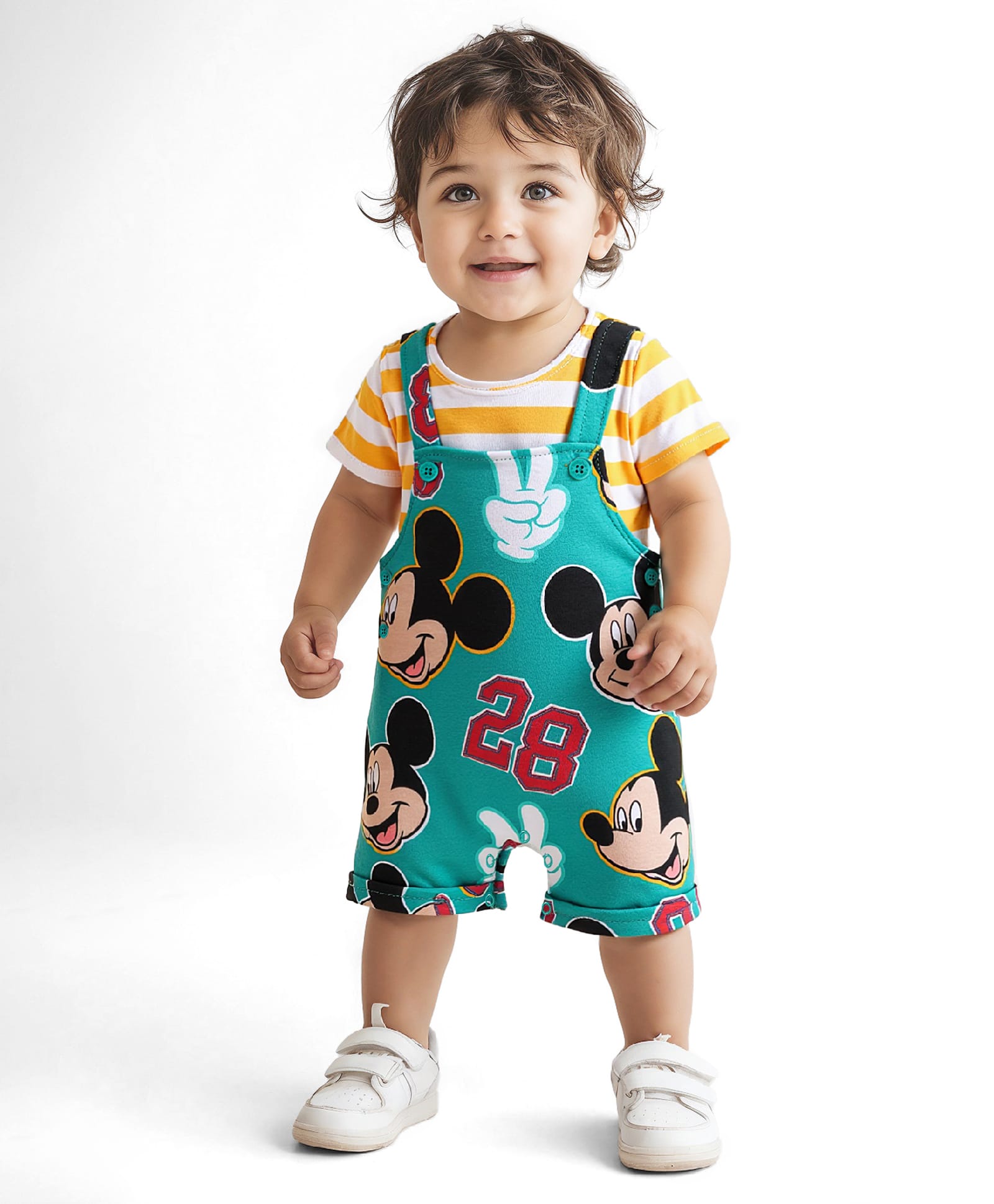 Babyhug Disney Single Jersey Knit Dungaree & Half Sleeves Striped T-Shirt With Mickey Mouse Graphics - Turquoise & Yellow-image-22