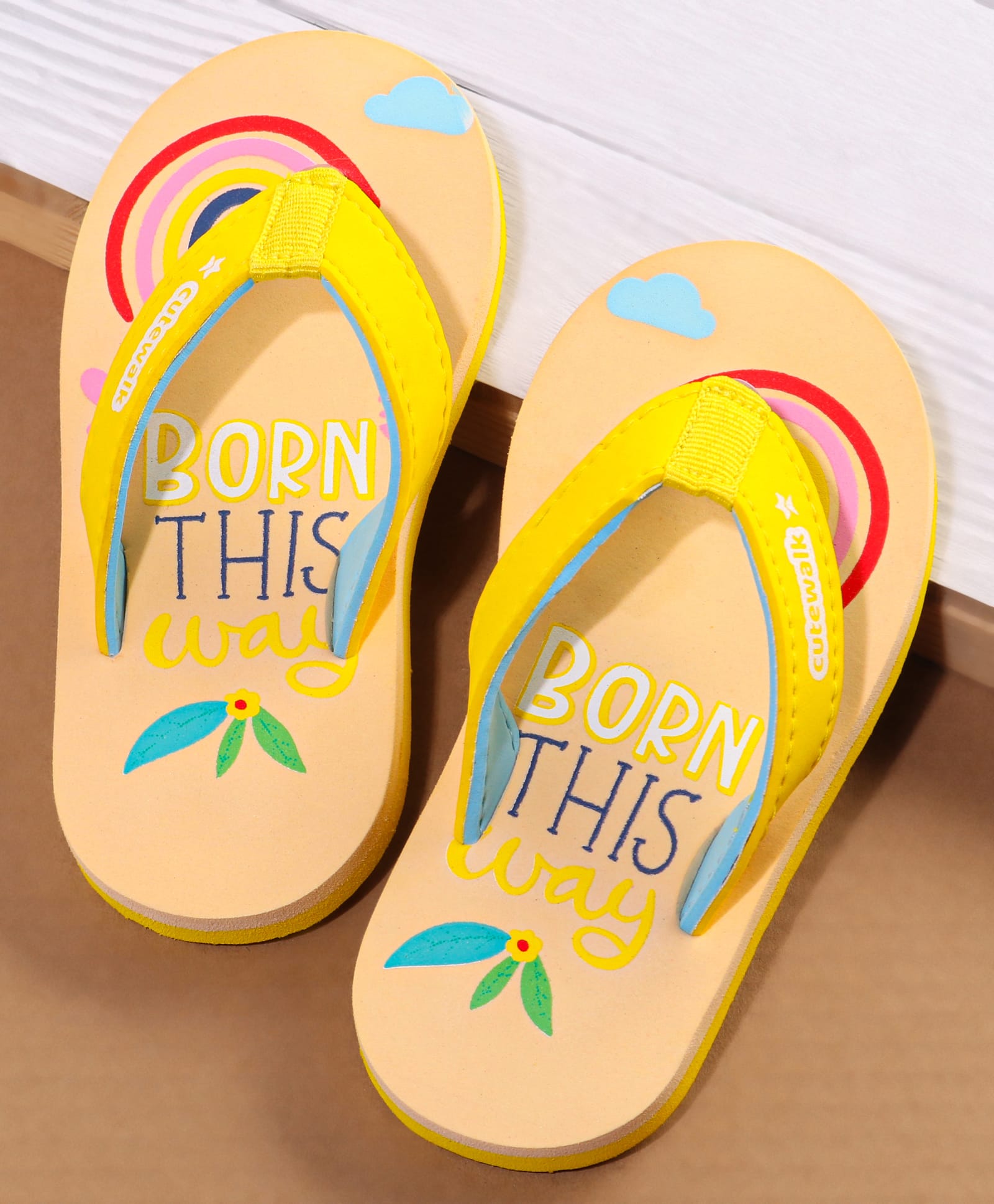 Cute Walk by Babyhug Slip On Flip Flops with Born This Way Print - Yellow-image-11