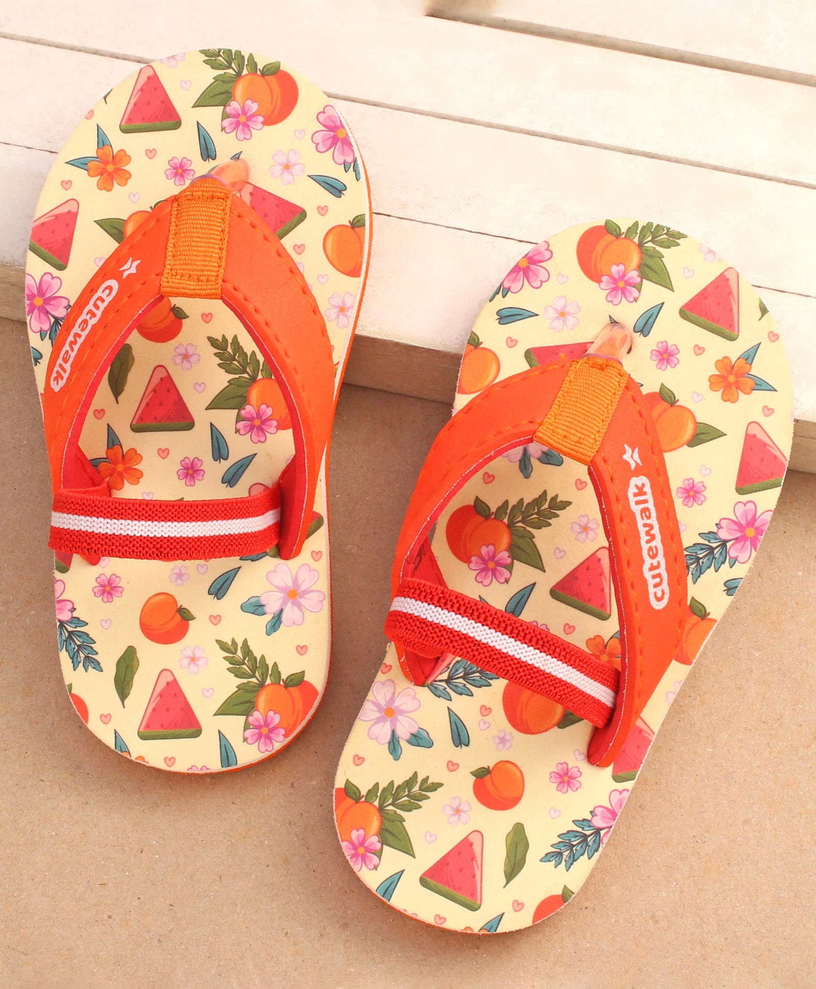 Cute Walk by Babyhug Floral & Fruits Printed Flip Flops With Backstrap - Orange-image-26