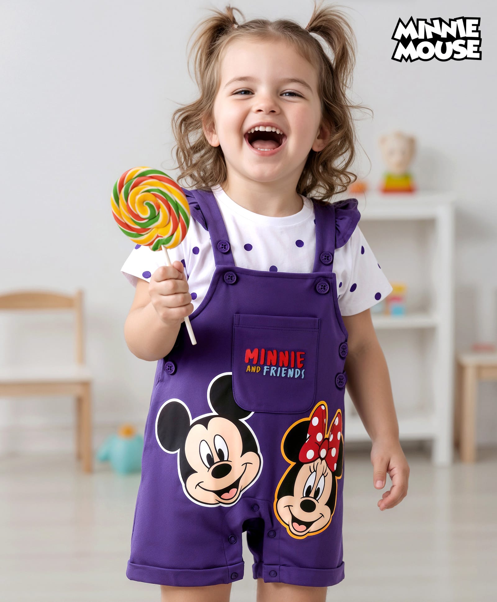 Babyhug Disney Single Jersey Knit Half Sleeves Polka Dots Printed T-Shirt & Dungaree Set with Mickey Mouse Graphics - Purple-picture-11