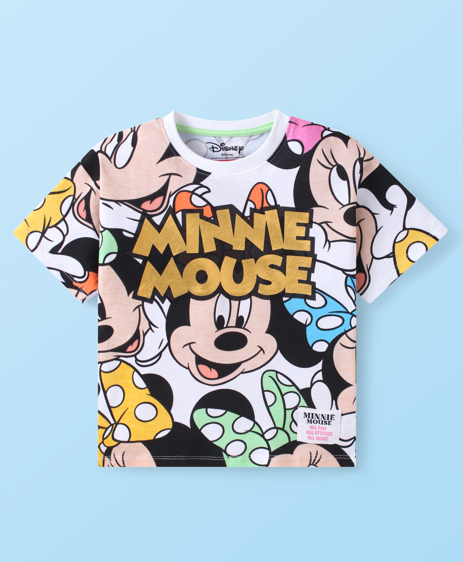 Babyhug Disney Single Jersey Knit Half Sleeves T-Shirt with Minnie Mouse& Foil Text Print Detailing - White & Pink-picture-23