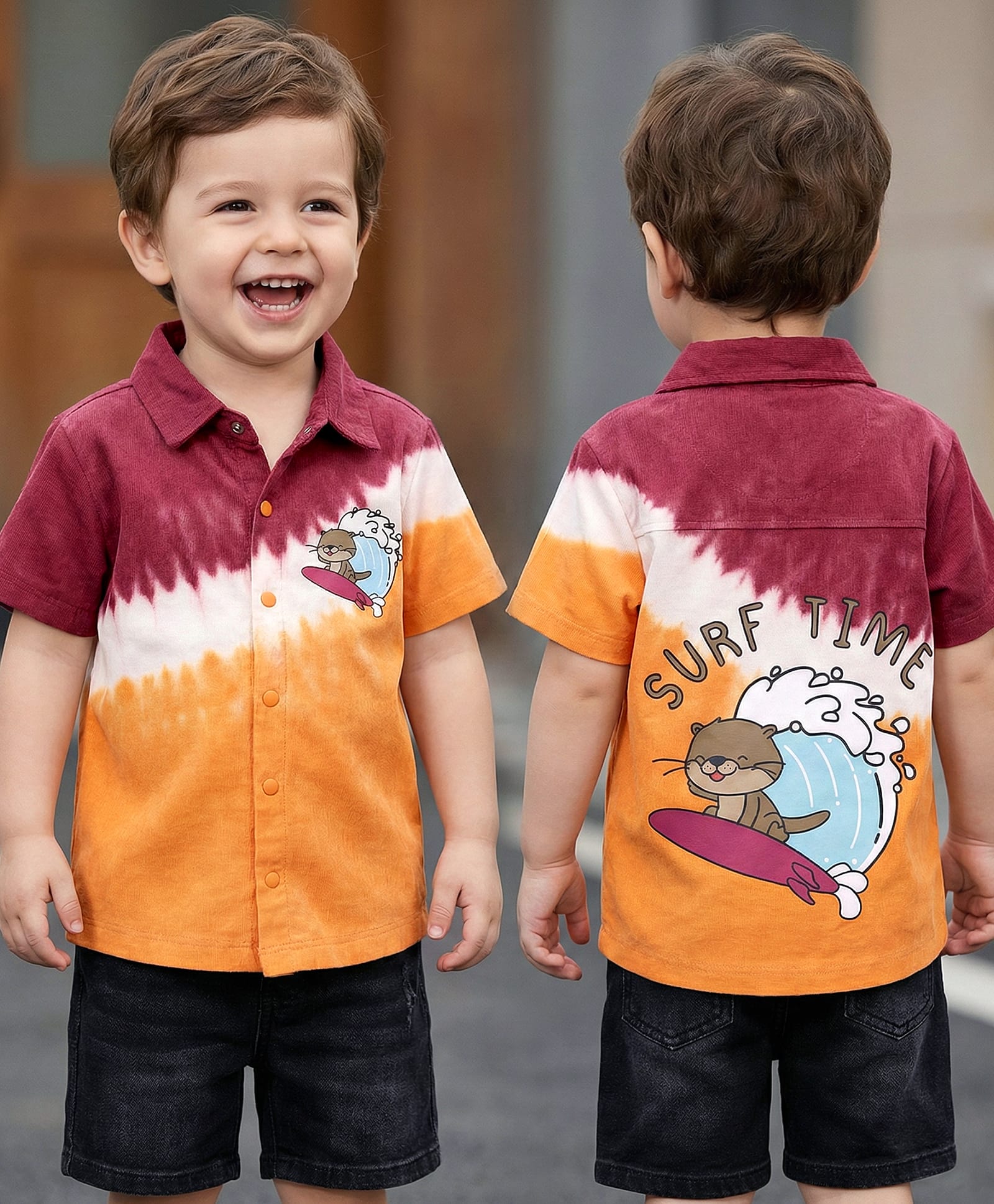 Babyoye 100% Cotton Single Jersey Knit Half Sleeves Shirt With Bear Print - Orange & Maroon-image-34