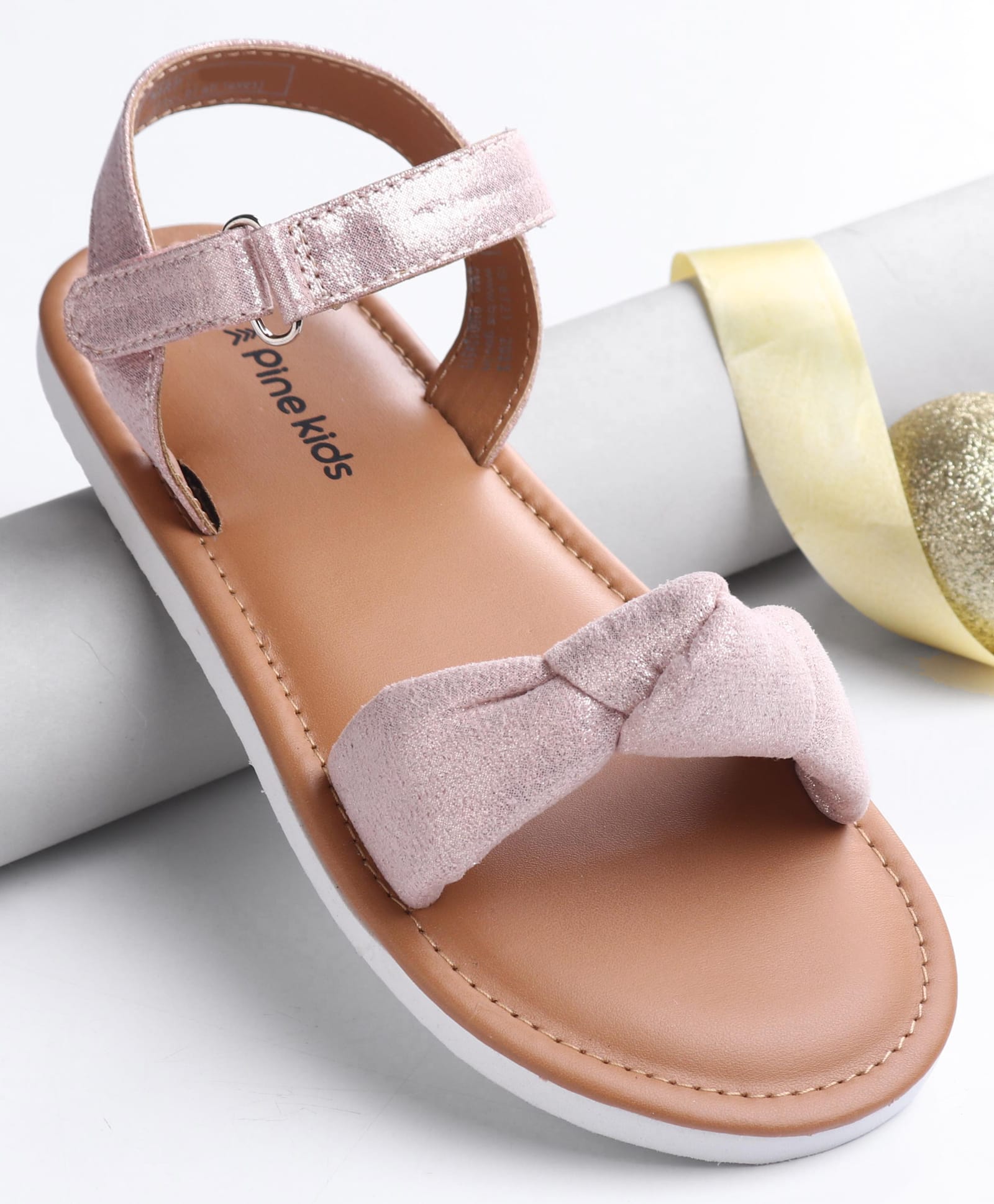 Pine Kids Velcro Closure Sandals with Bow Applique - Rose Gold-image-14