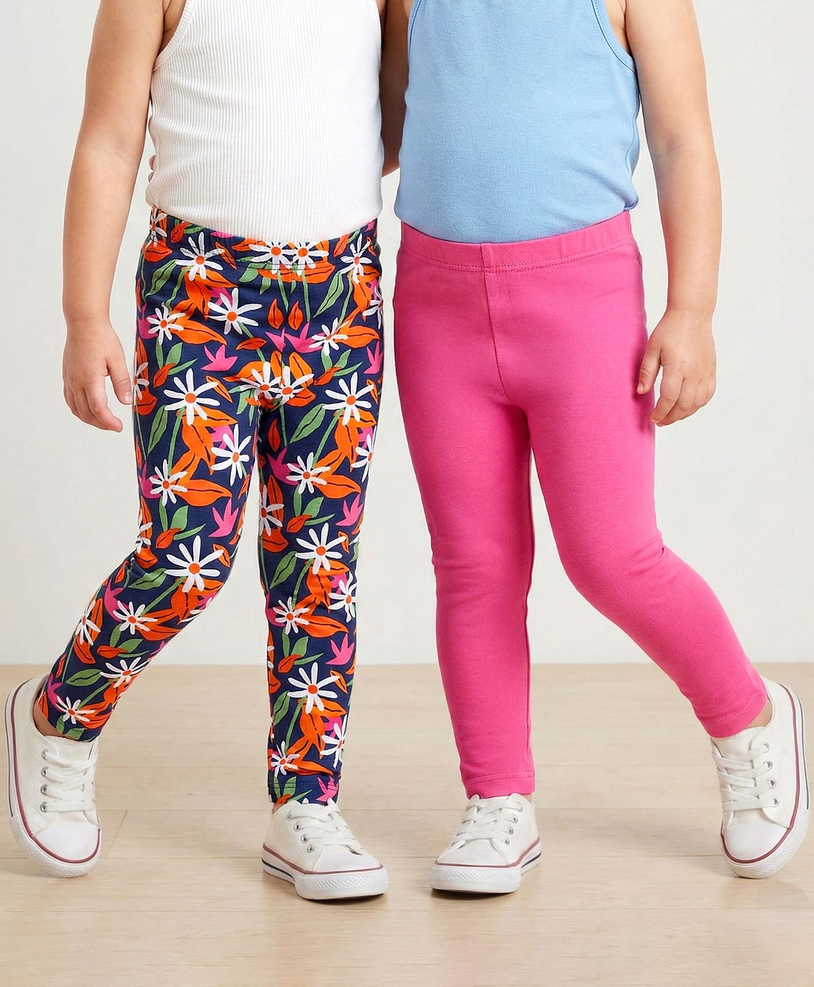 Babyhug Cotton Lycra Knit Full Length Leggings With Floral Print Pack of 2 - Navy Blue & Dark Pink-picture-22