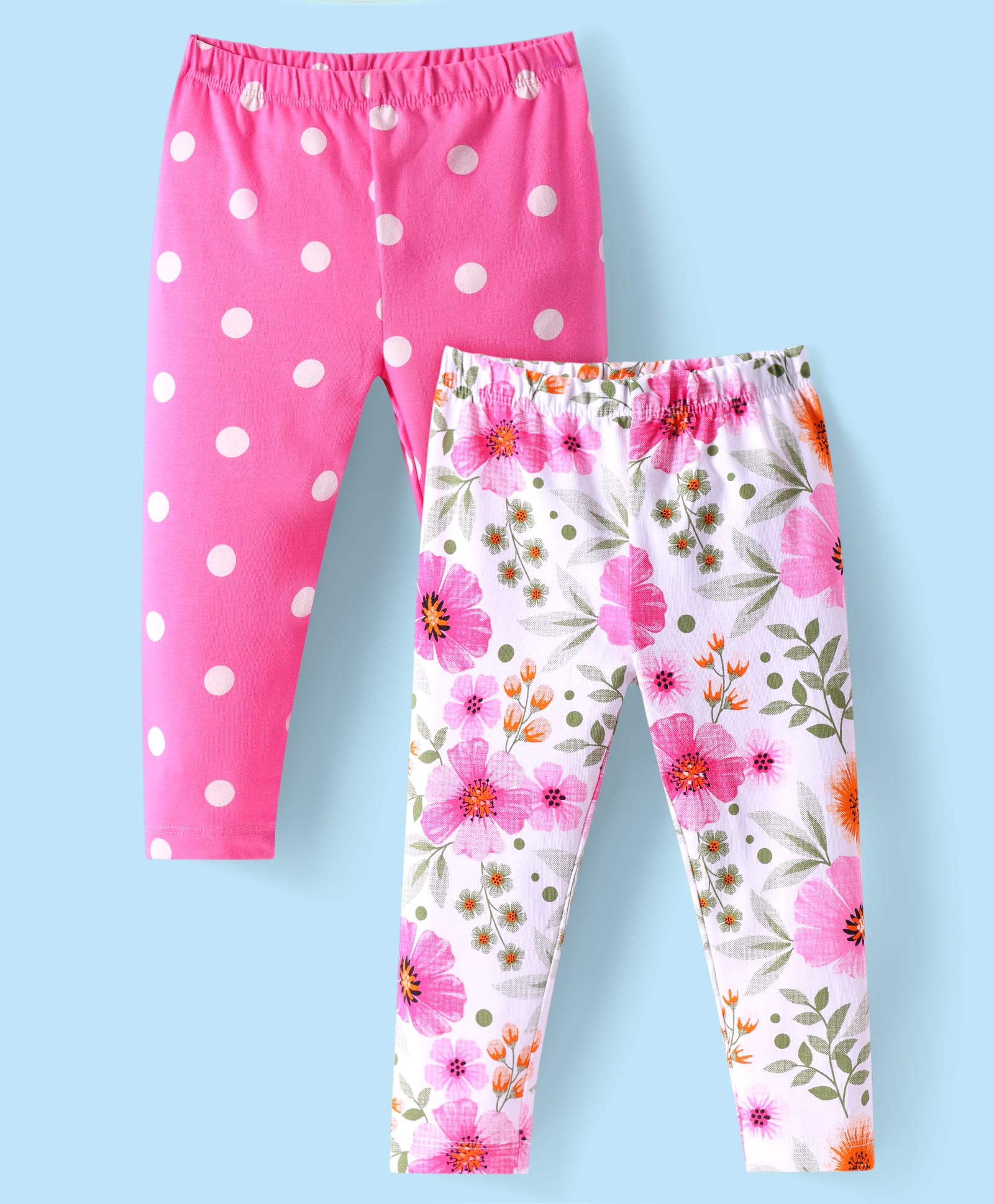 Babyhug Cotton Knit Full Length Leggings with Floral & Polka Dot Print Pack Of 2 - Pink-picture-37