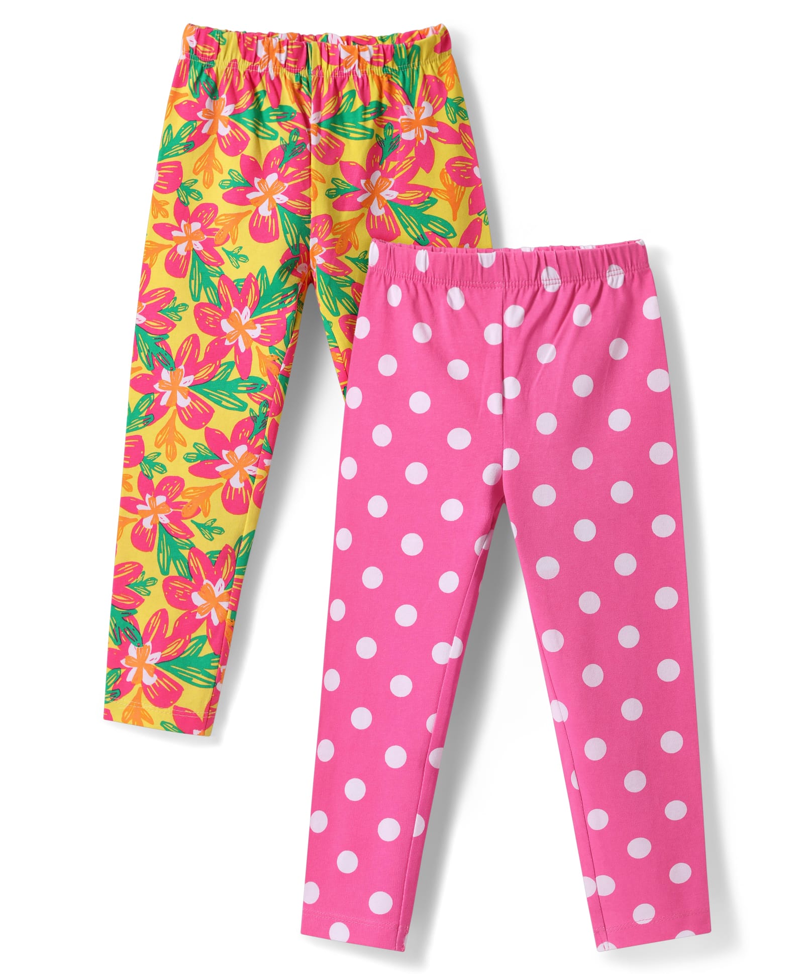 Babyhug Cotton Knit Full Length Leggings with Floral & Polka Dot - Pink & Yellow-image-31